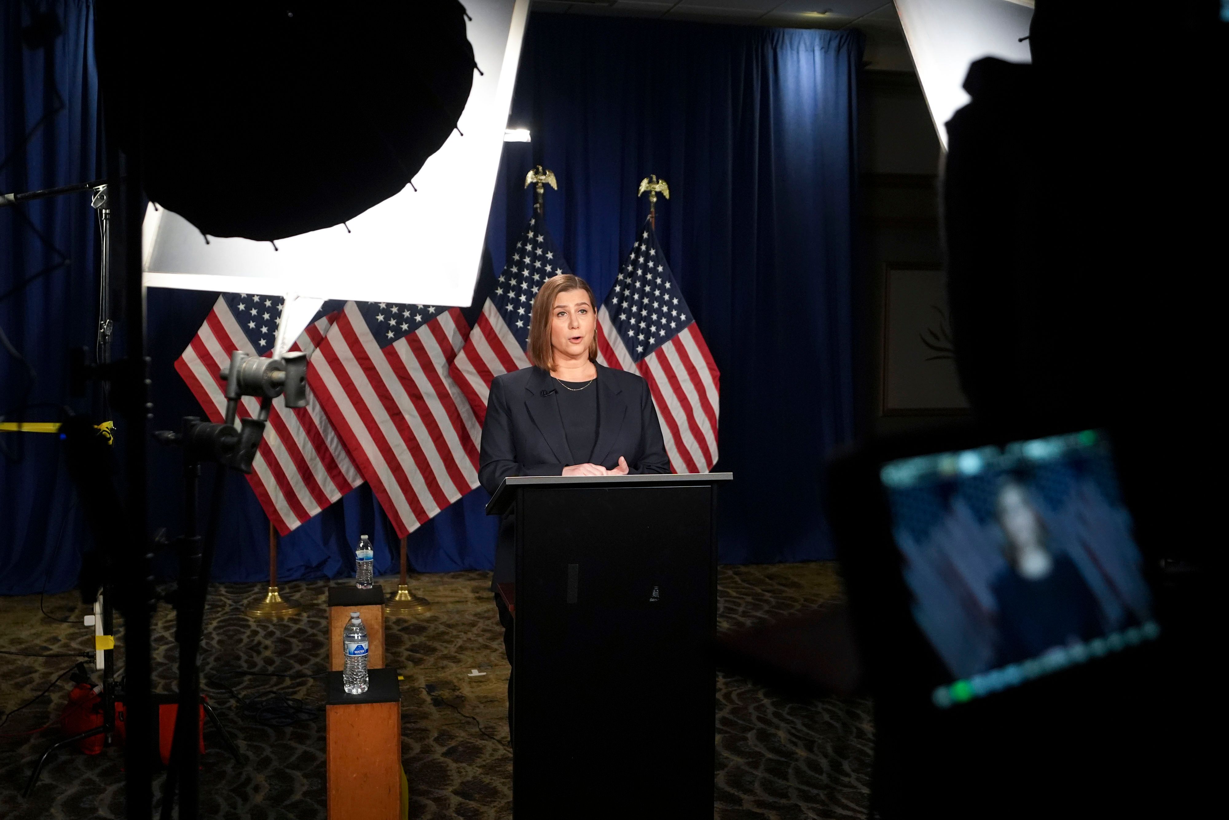 Senator Elissa Slotkin, a Democrat from Michigan, rehearses the Democratic response to US President Donald Trump's address to a joint session of Congress, in Wyandotte, Michigan.