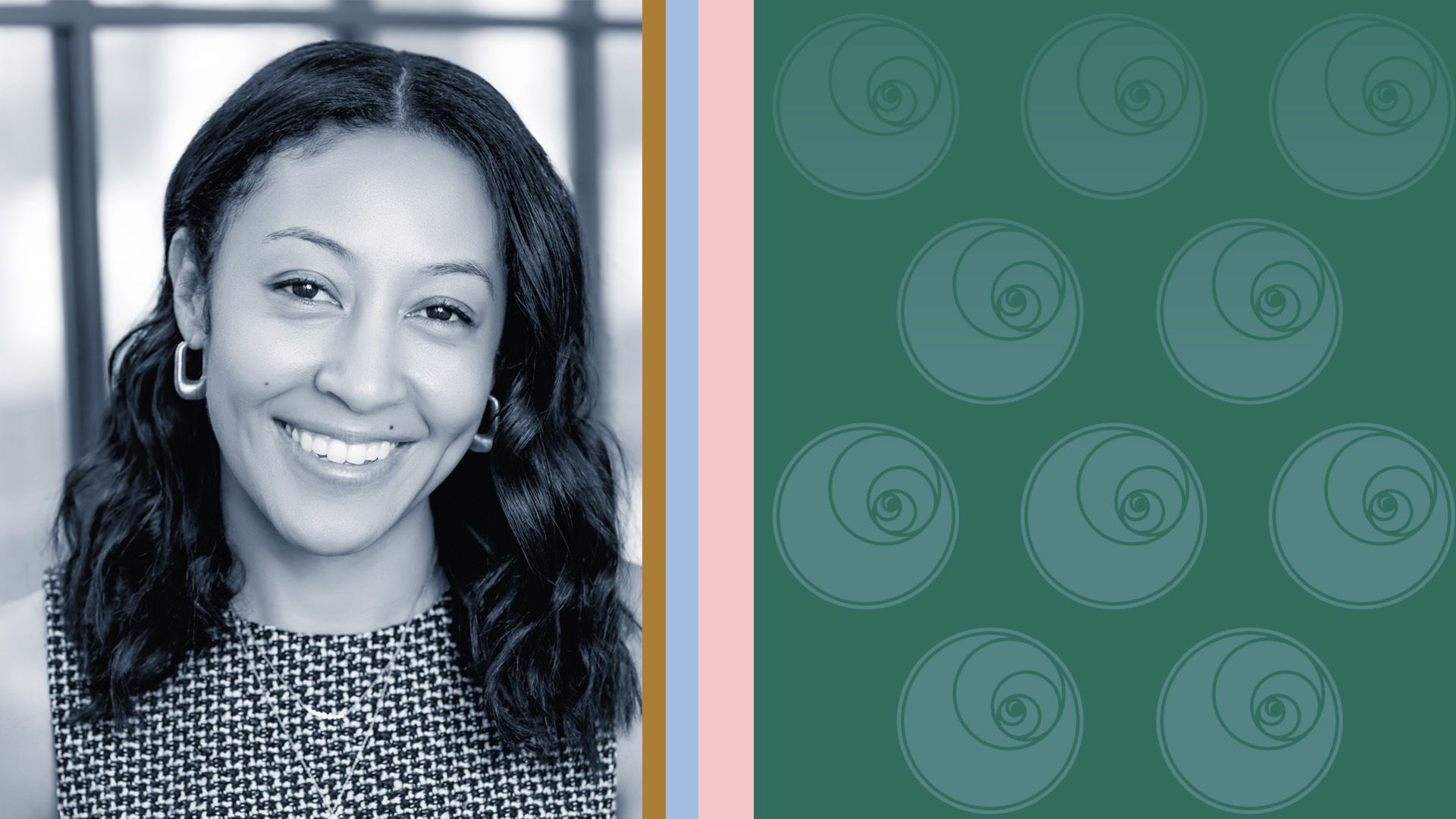 Photo illustration of Tani Brown, principal at Muus Climate Partners, next to the Muus logo and various shapes