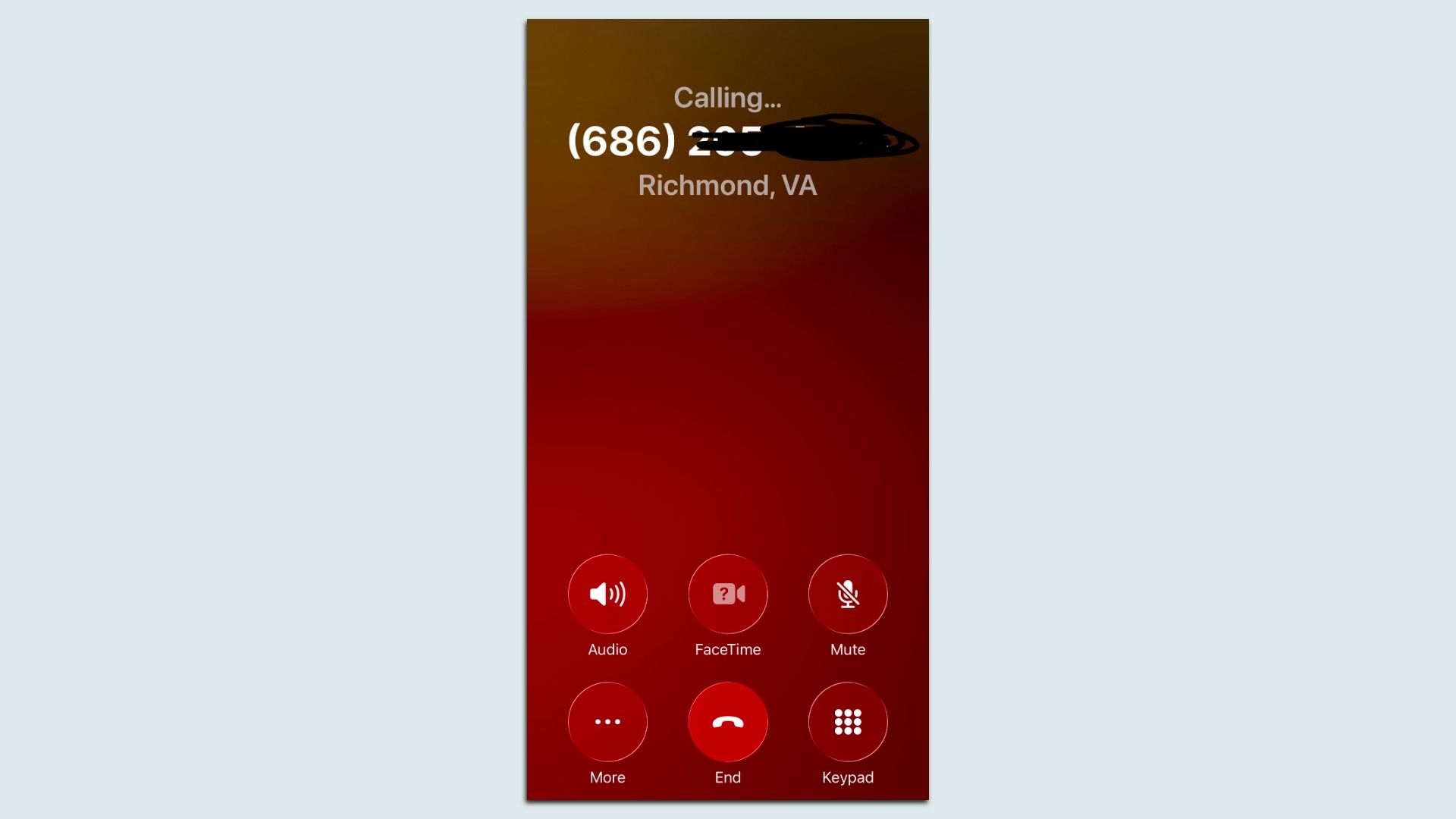 Portrait smartphone screen showing a call: Calling... with a partially obscured number and Richmond, VA; red gradient background; bottom row of circular red controls labeled Audio, FaceTime, Mute.