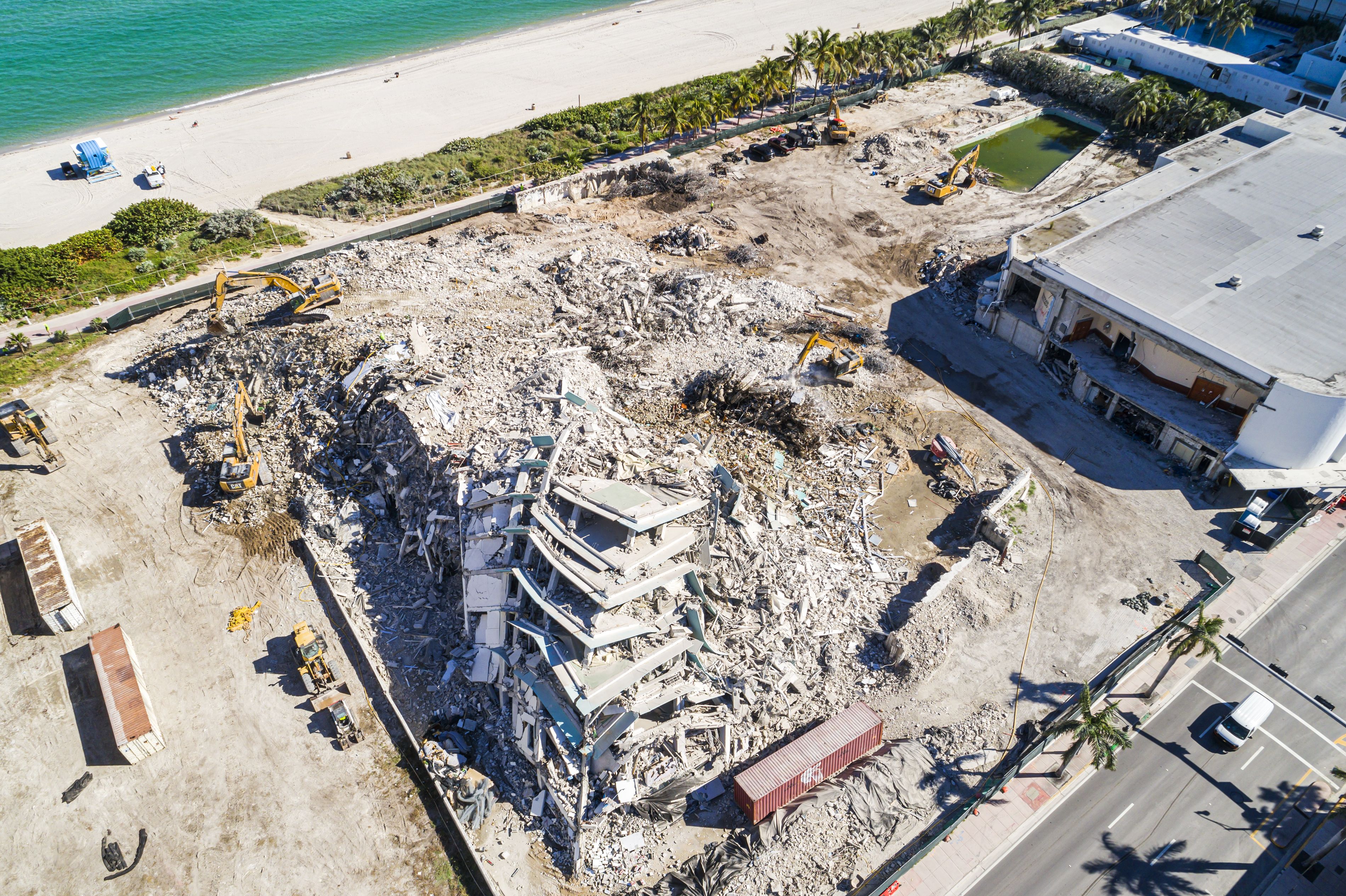 Aerial view of historic Deauville Beach Resort hotel after demolition. 