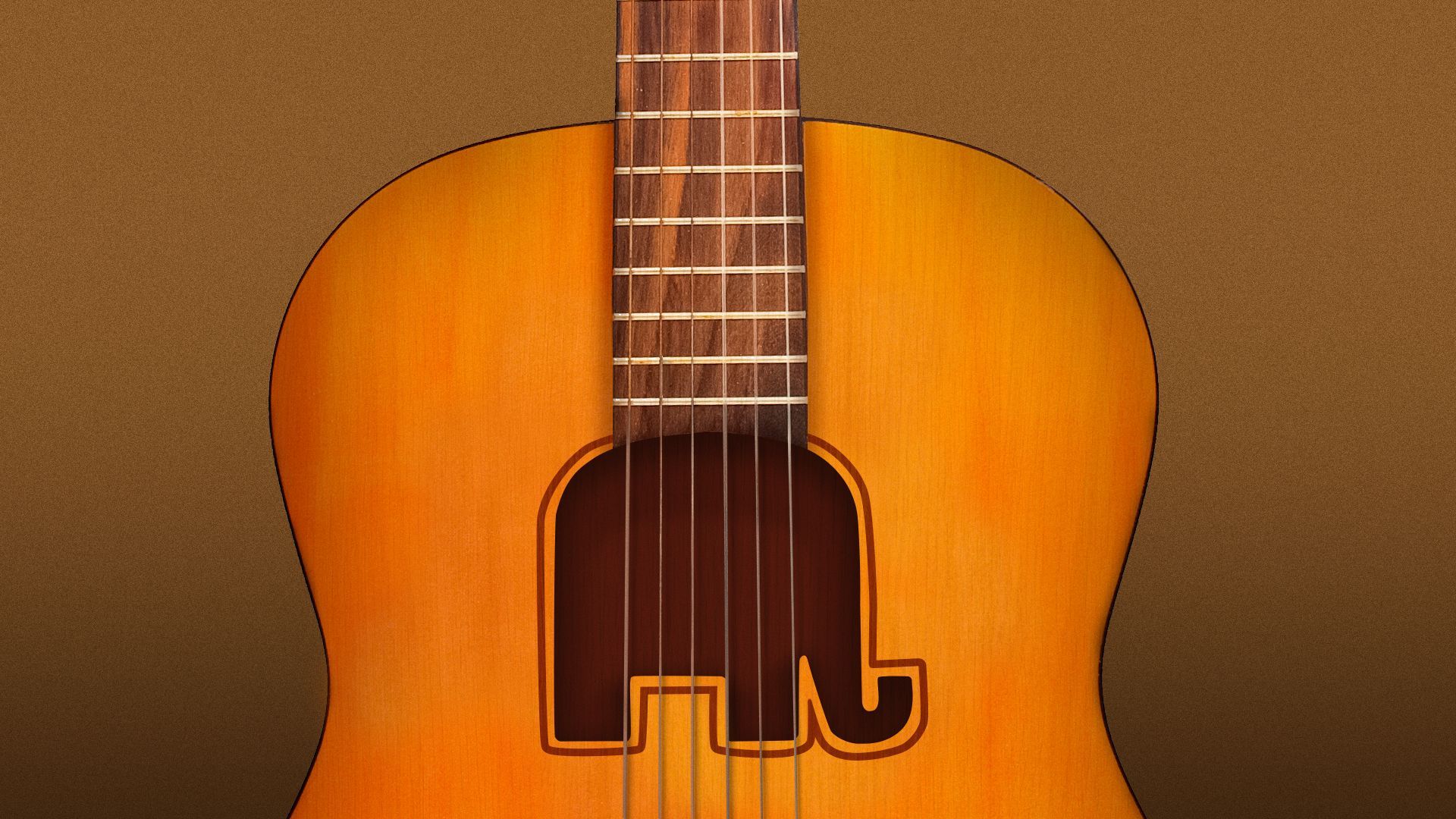 Illustration of an acoustic guitar with the sound hole in the shape of an elephant.