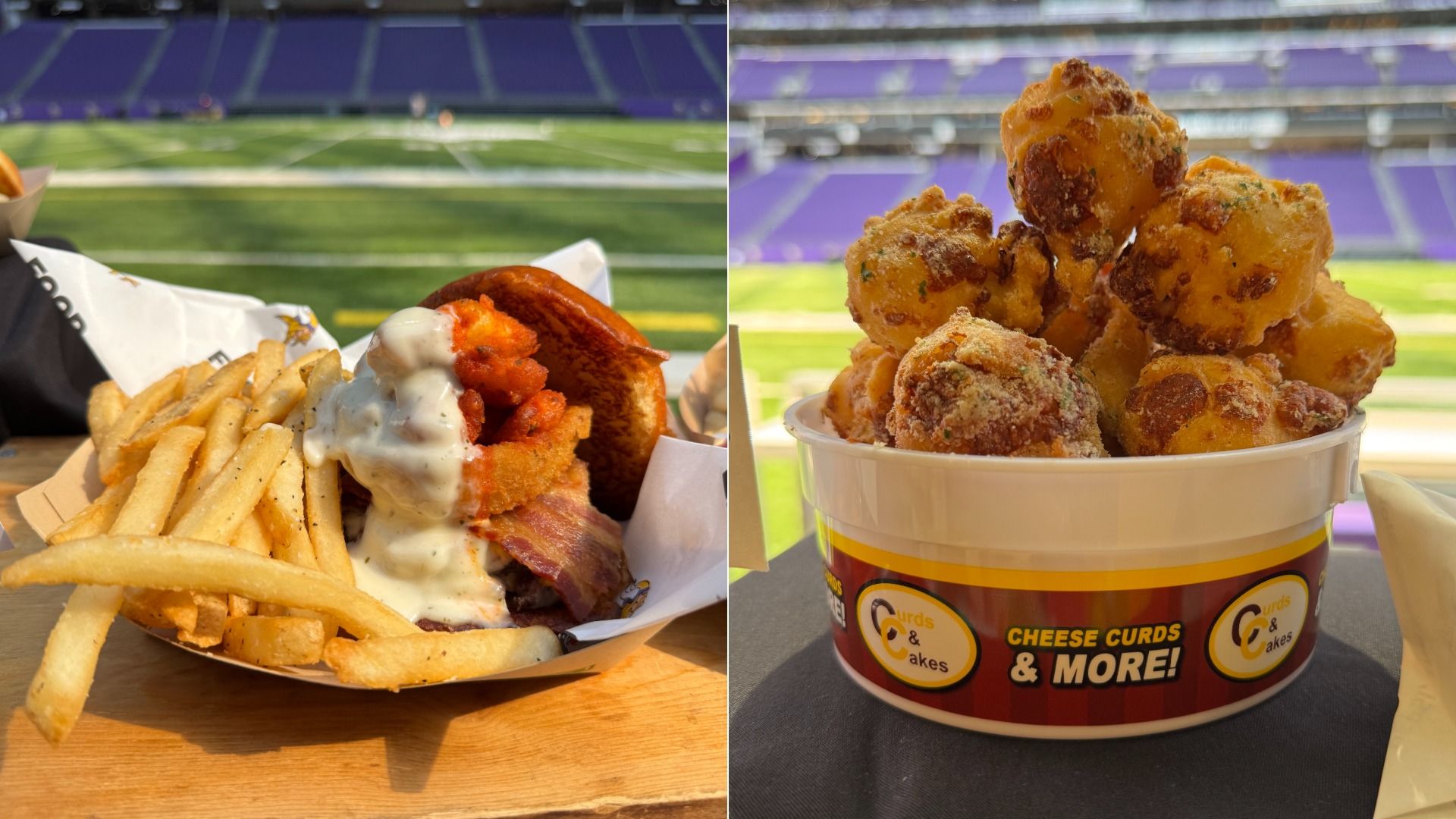 Split image at a stadium: left a fried chicken sandwich with cheese sauce and fries on a wooden table, green field in background; right a bucket of fried cheese curds piled high, purple seats behind.