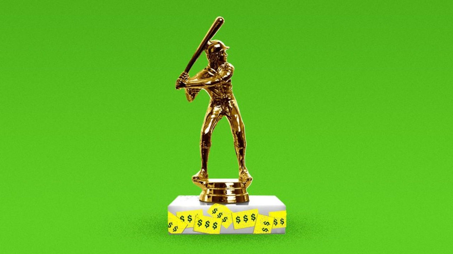 Illustration of a baseball trophy with money tags on it
