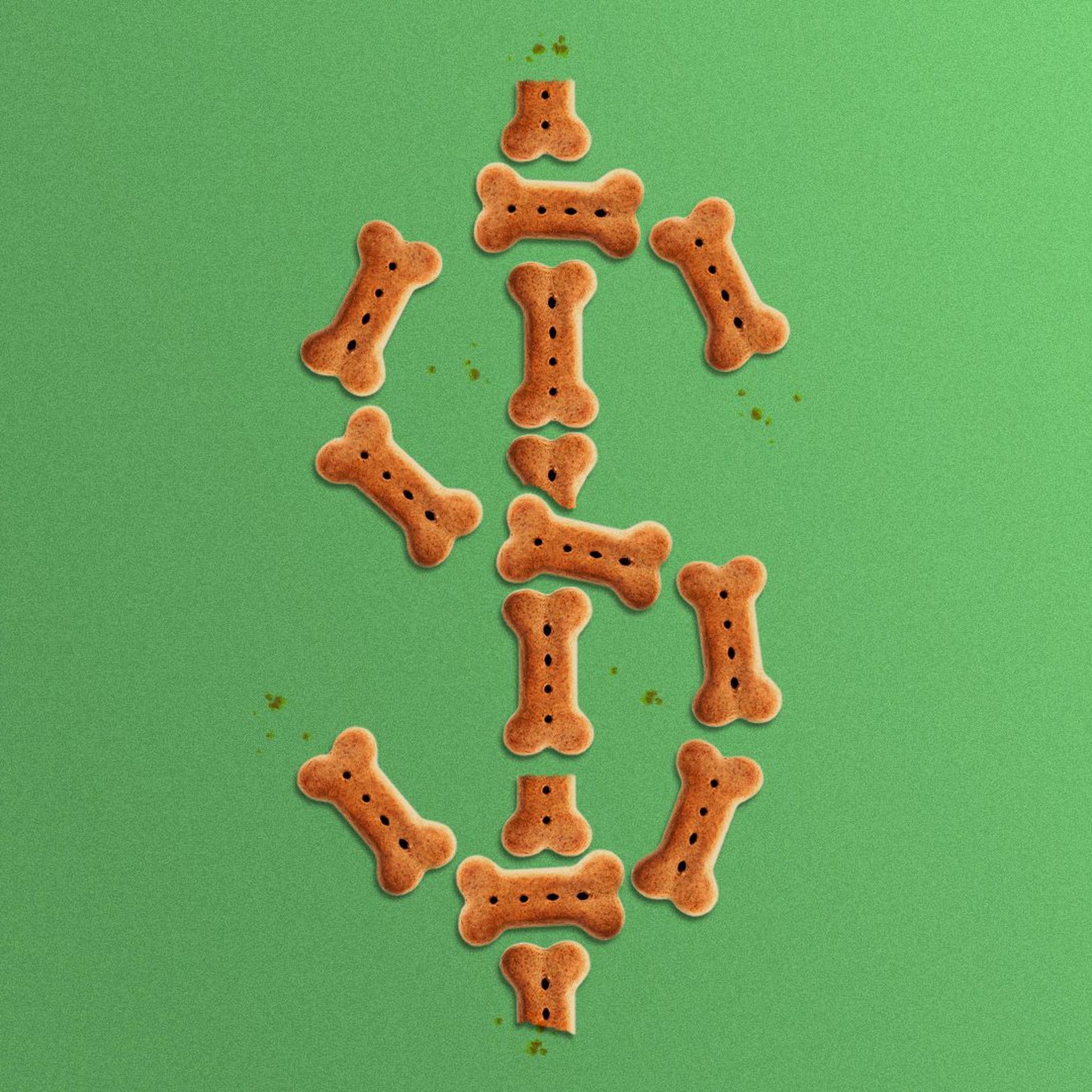 Illustration of dog treats in the shape of a dollar sign. 