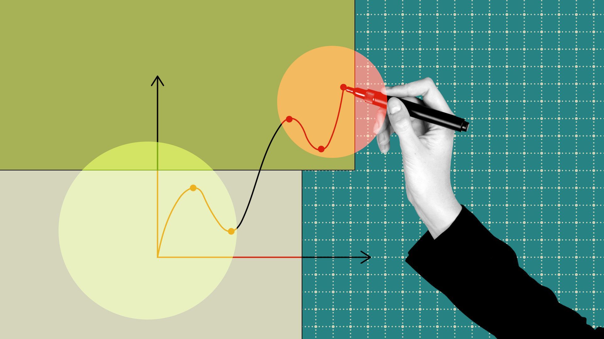 Illustration of a hand with a marker marking a spot on a graph surrounded by shapes and grids