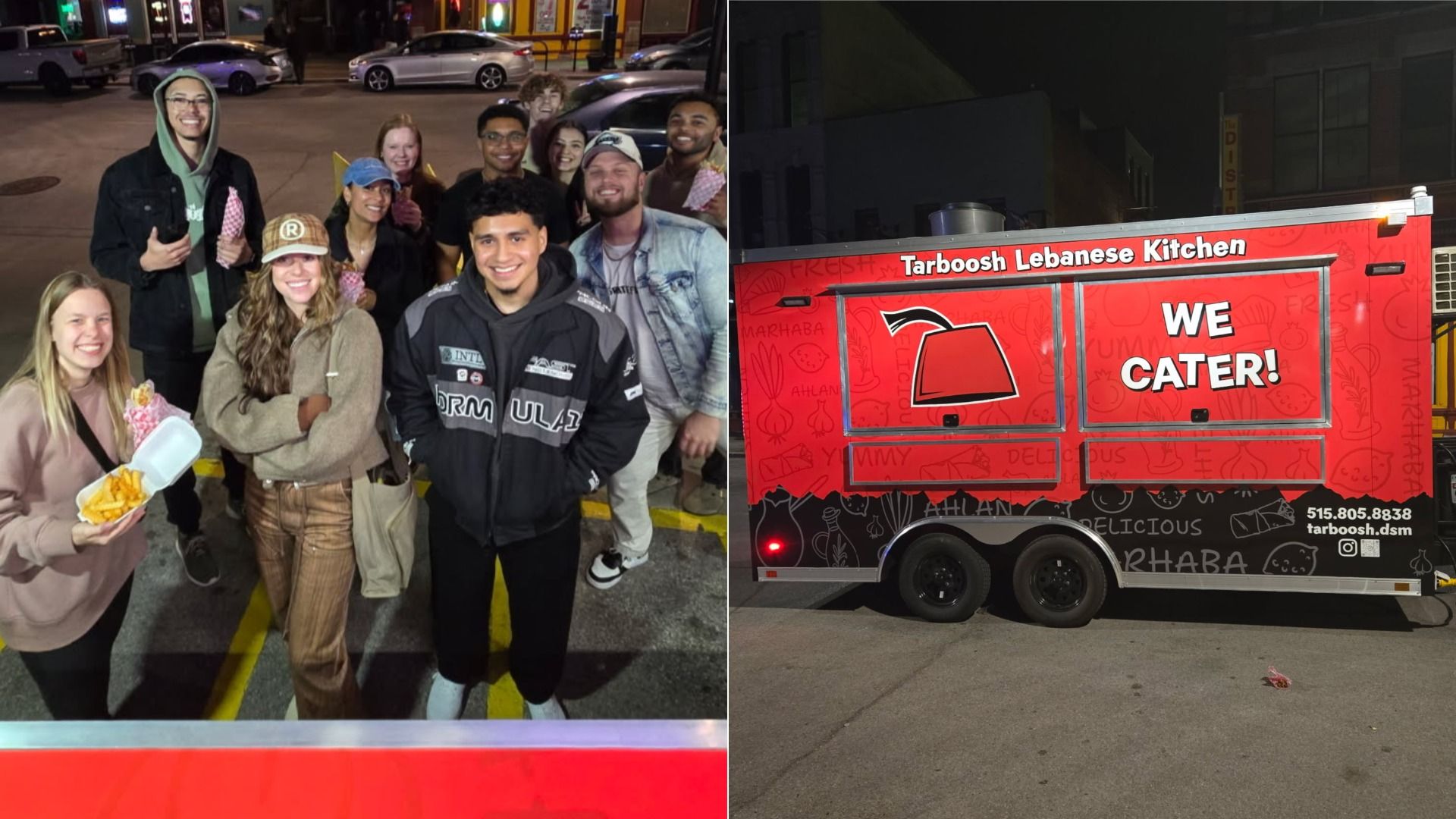 People smiling with their food outside Tarboosh