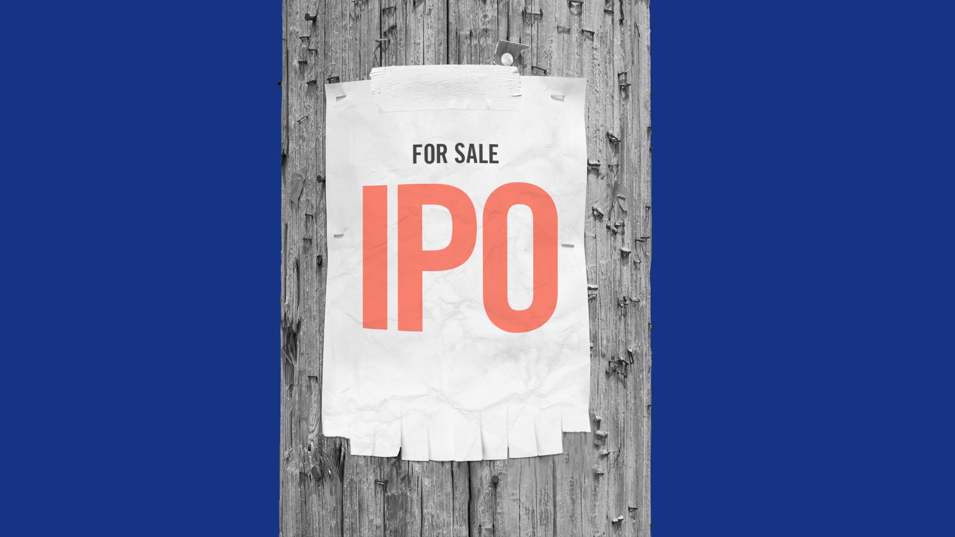 Illustration of advertisement on a telephone pole with ripped off tabs. The ad has “For Sale IPO"
