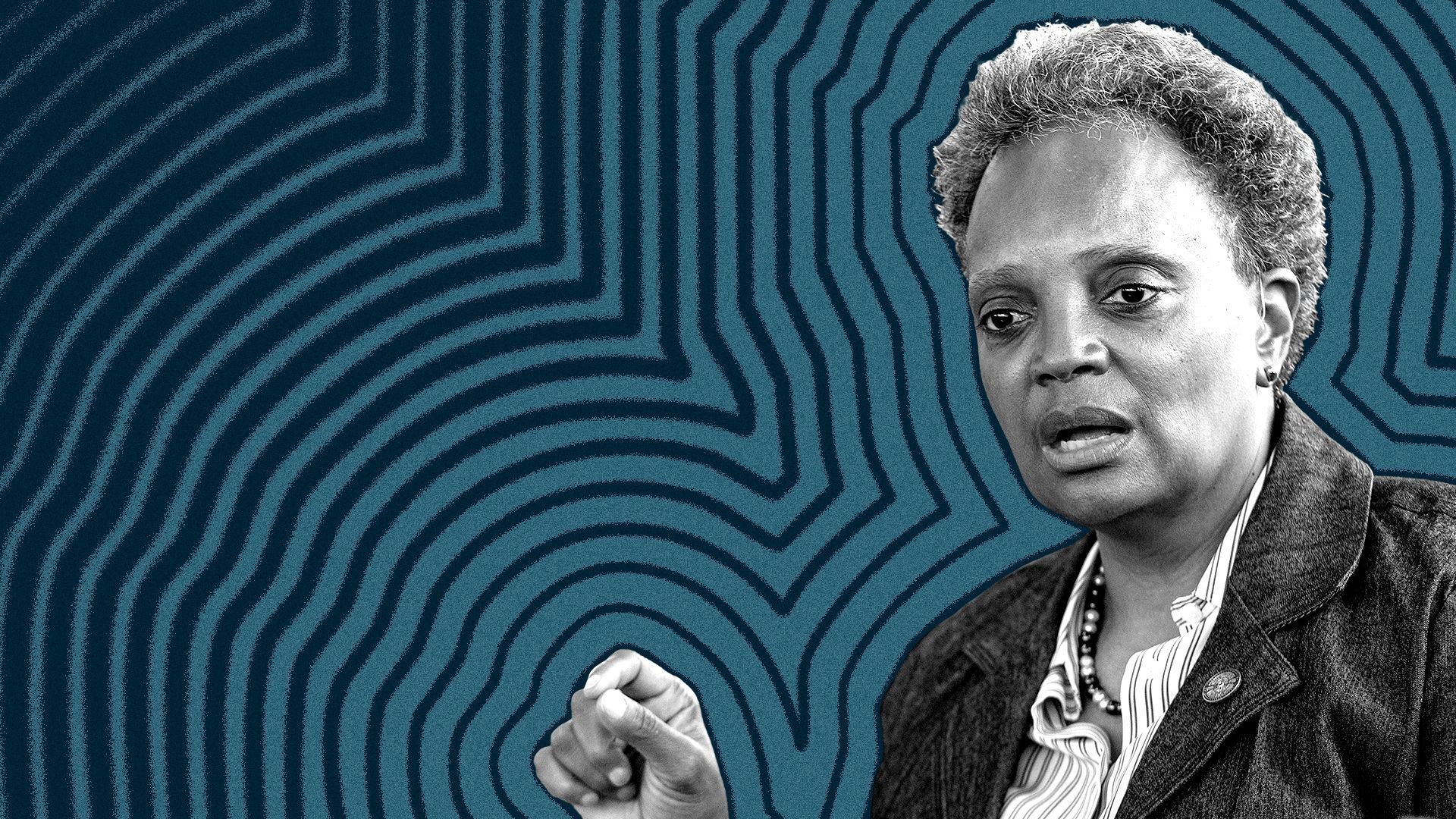 Photo illustration of Chicago Mayor Lori Lightfoot with lines radiating from her.