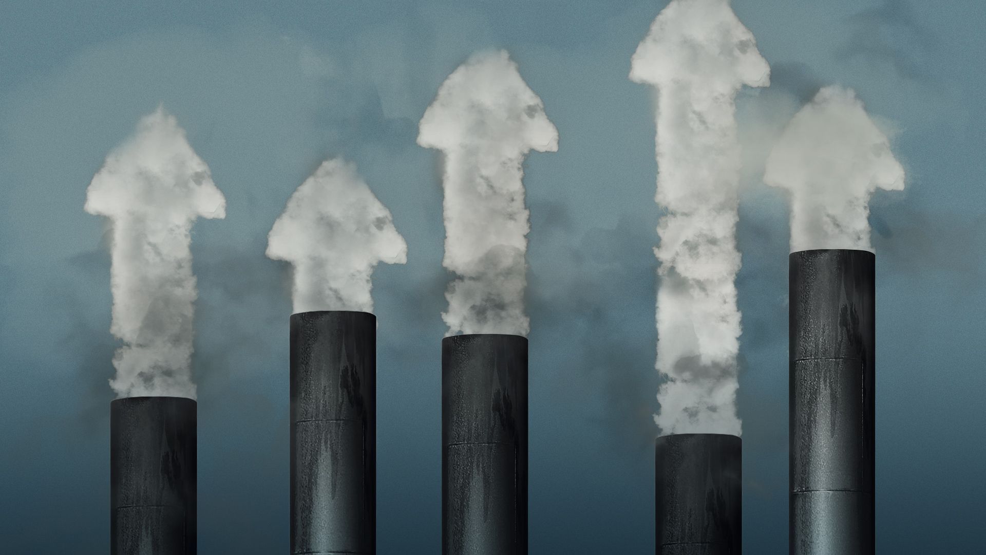 Illustration of smoke stacks with fumes in the shape of upward arrows.