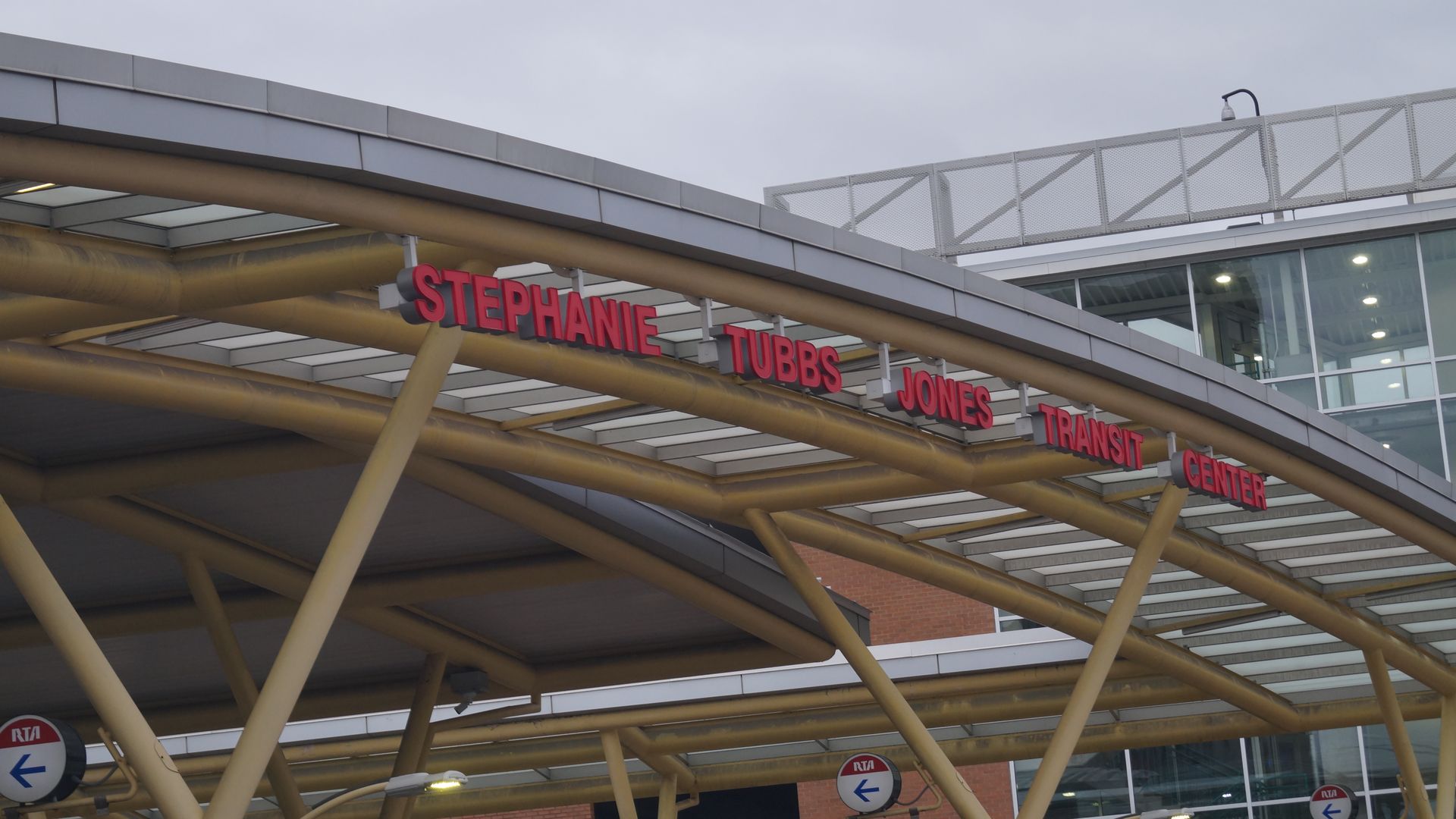 An exterior photo of the Stephanie Tubbs Jones transit center in Cleveland