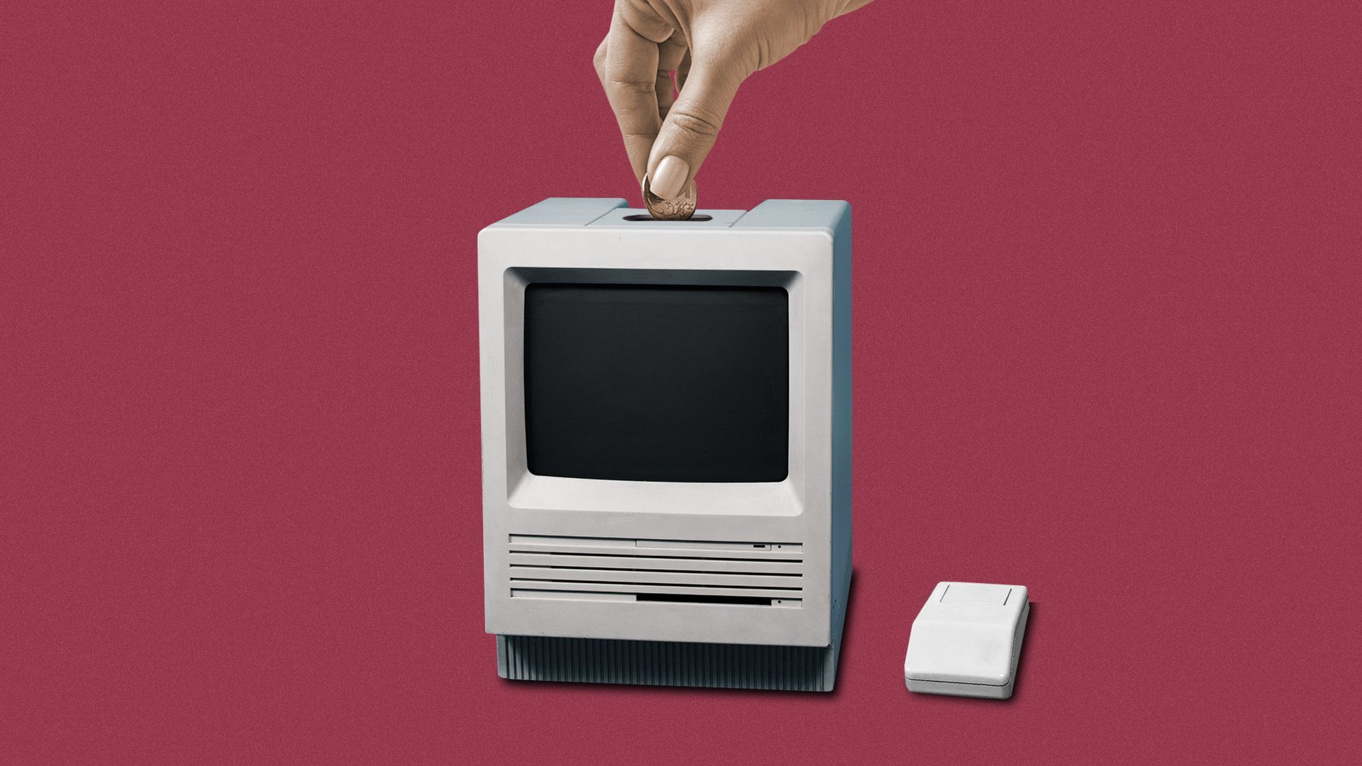 Illustration of a hand inserting a coin into a piggy bank slot in a computer