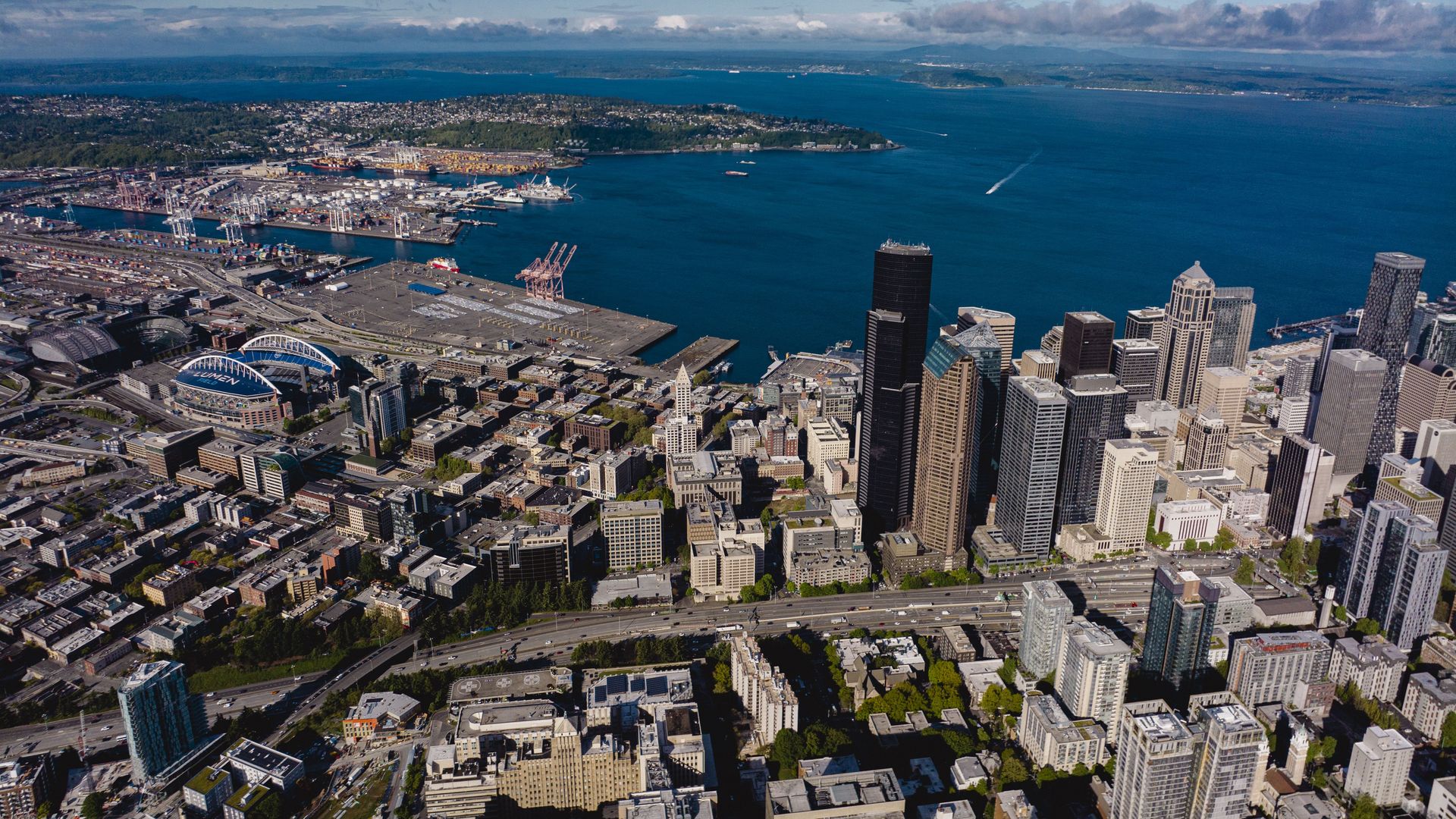 A bird's eye view of downtown Seattle and Elliott Bay.