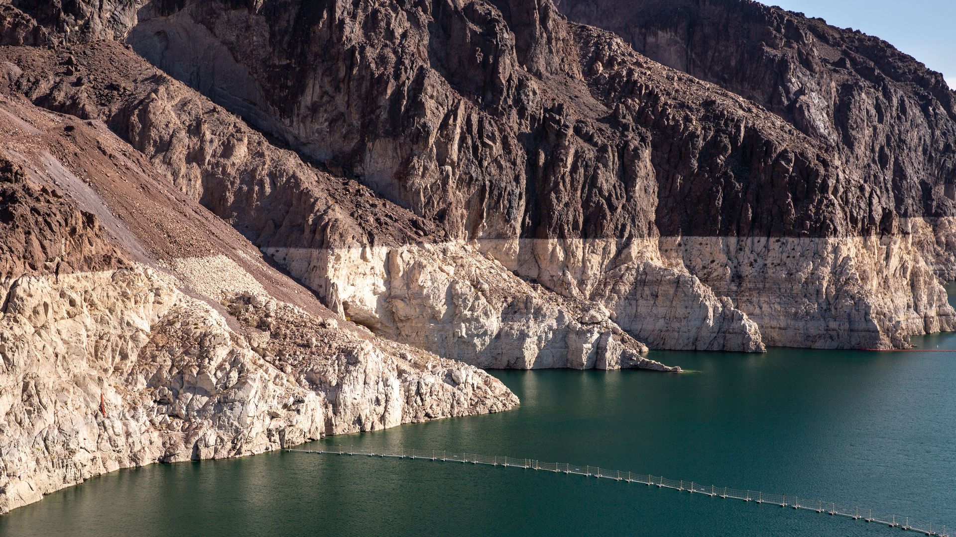 A bathtub ring watermark shows a substantial drop in water levels at Lake Mead