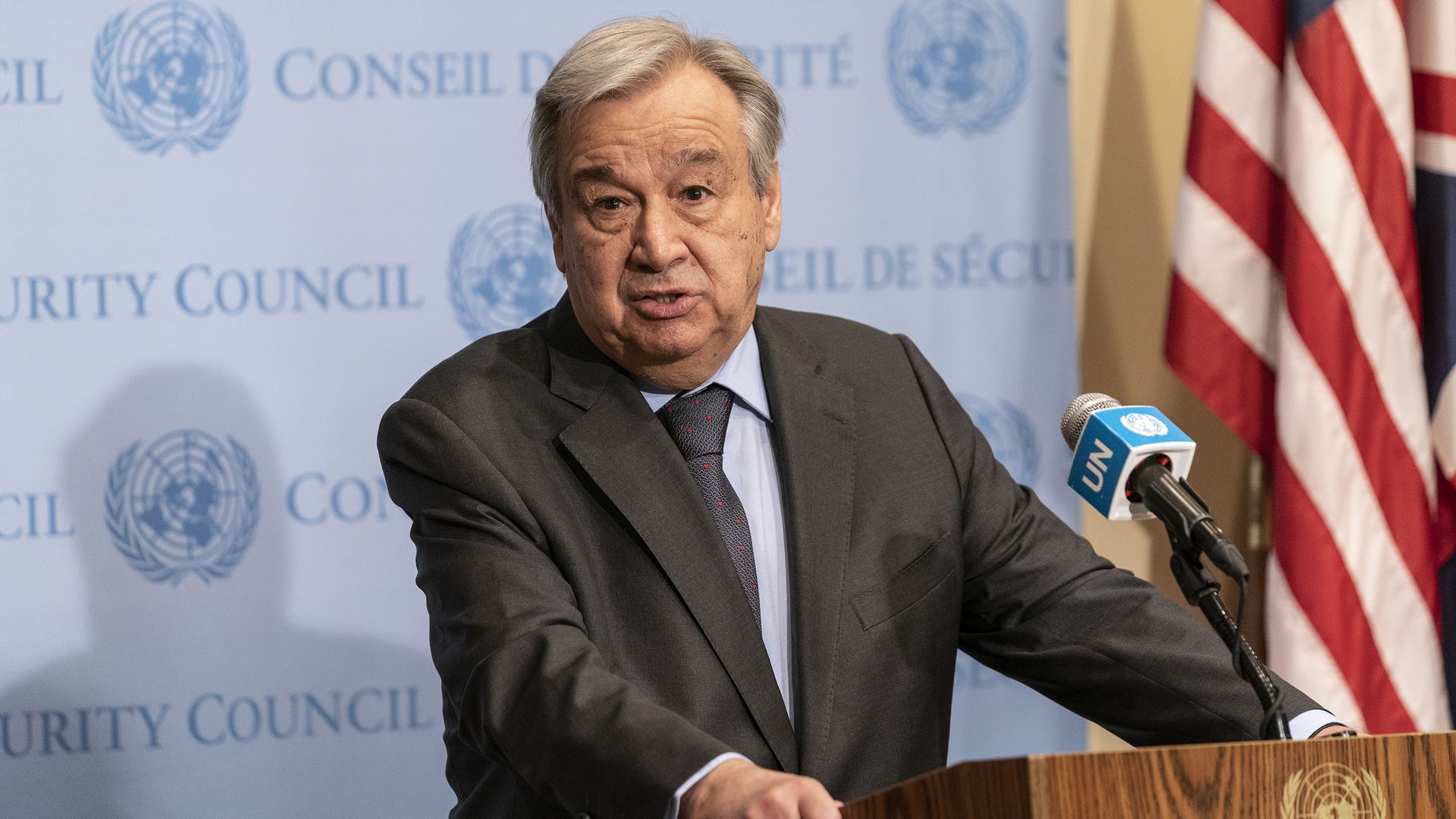 Secretary General Antonio Guterres speaking in UN headquarters in New York City on March 10.