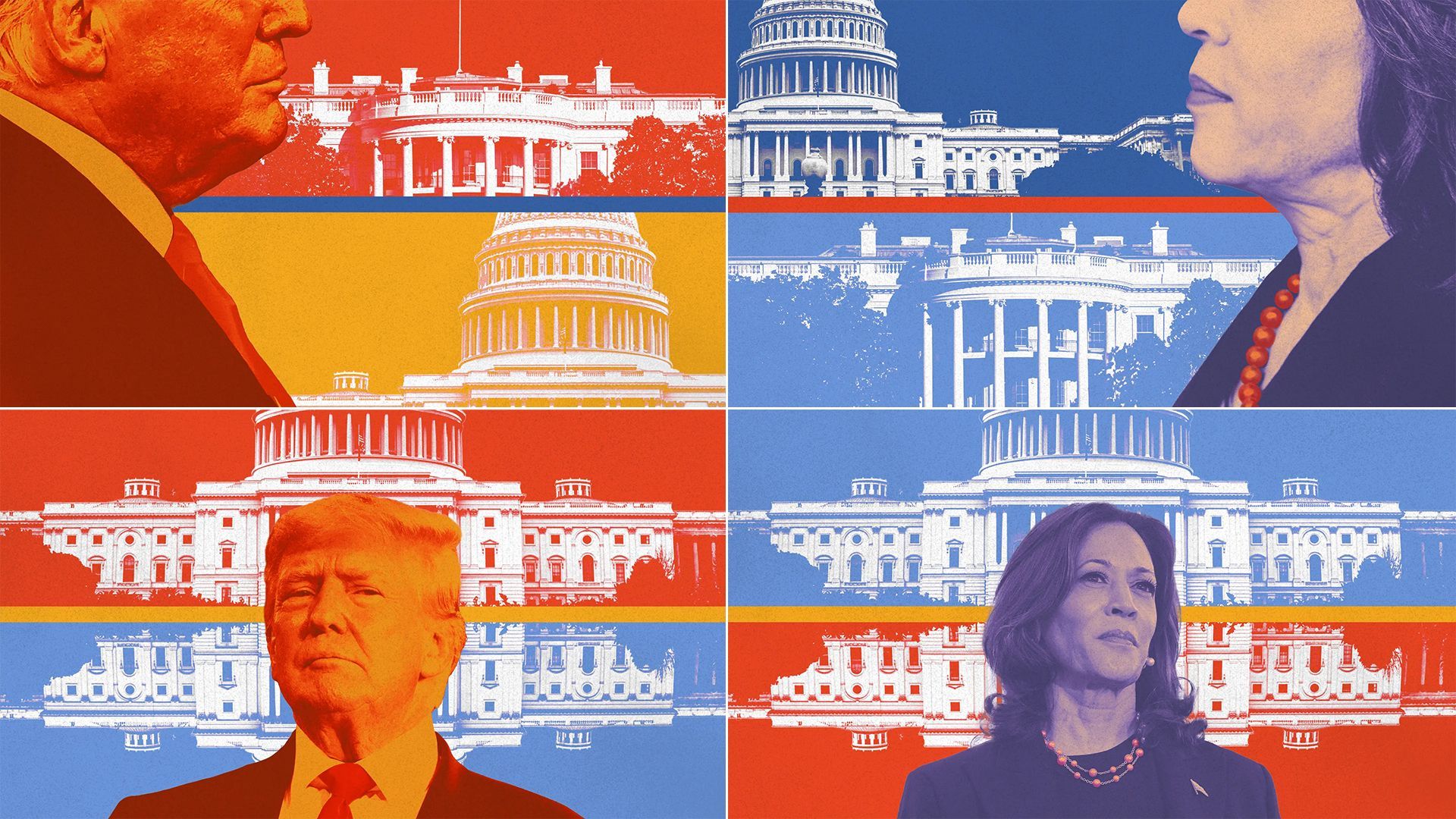 Photo illustrations featuring Vice President Kamala Harris, Donald Trump, the U.S. Capitol Building, and the White House.