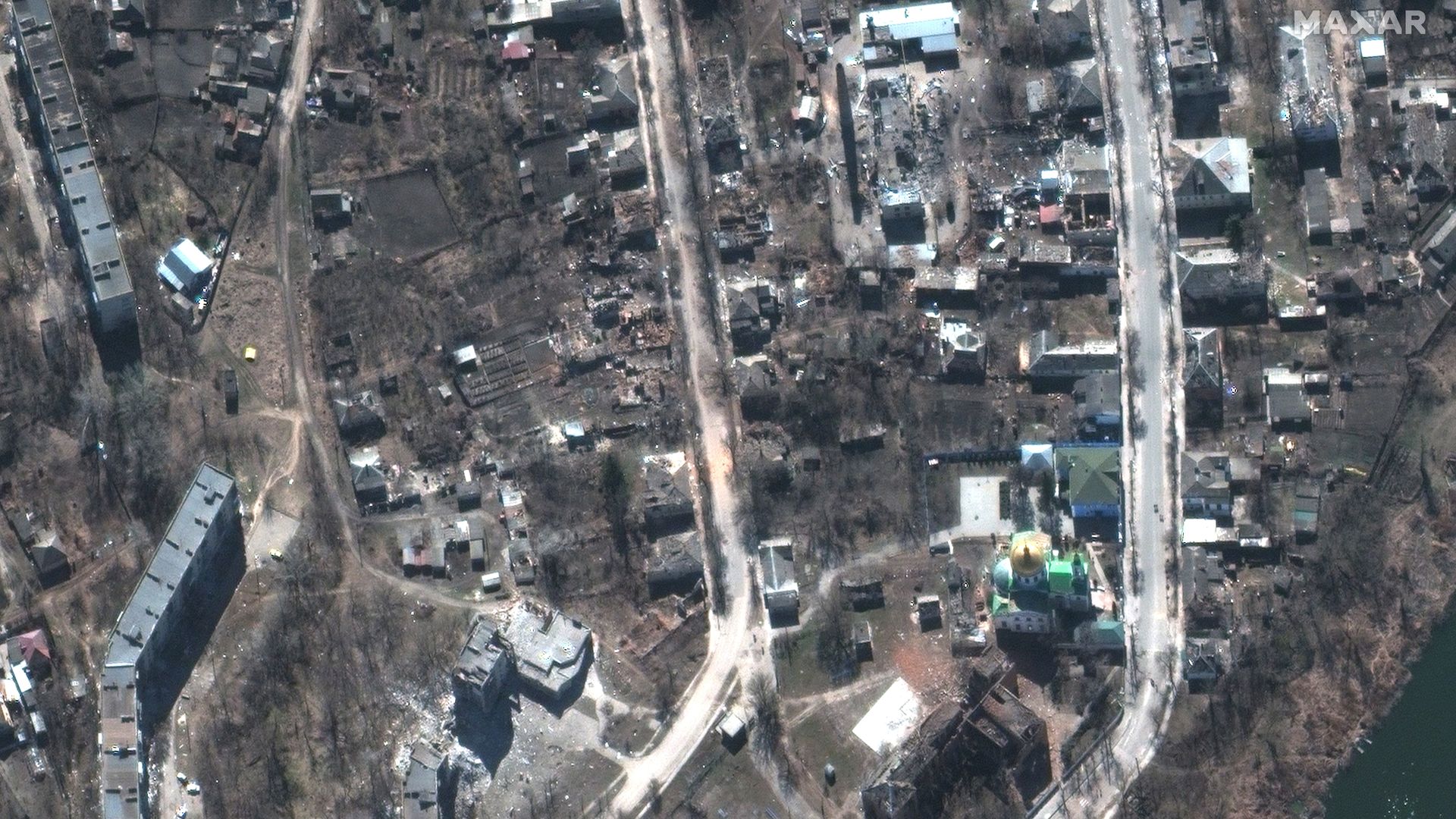 A satellite image of downtown Izyum, Ukraine, captured in March.