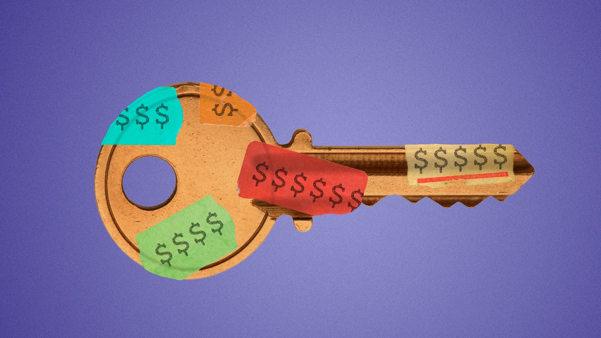 Illustration of a house key covered in price stickers. 
