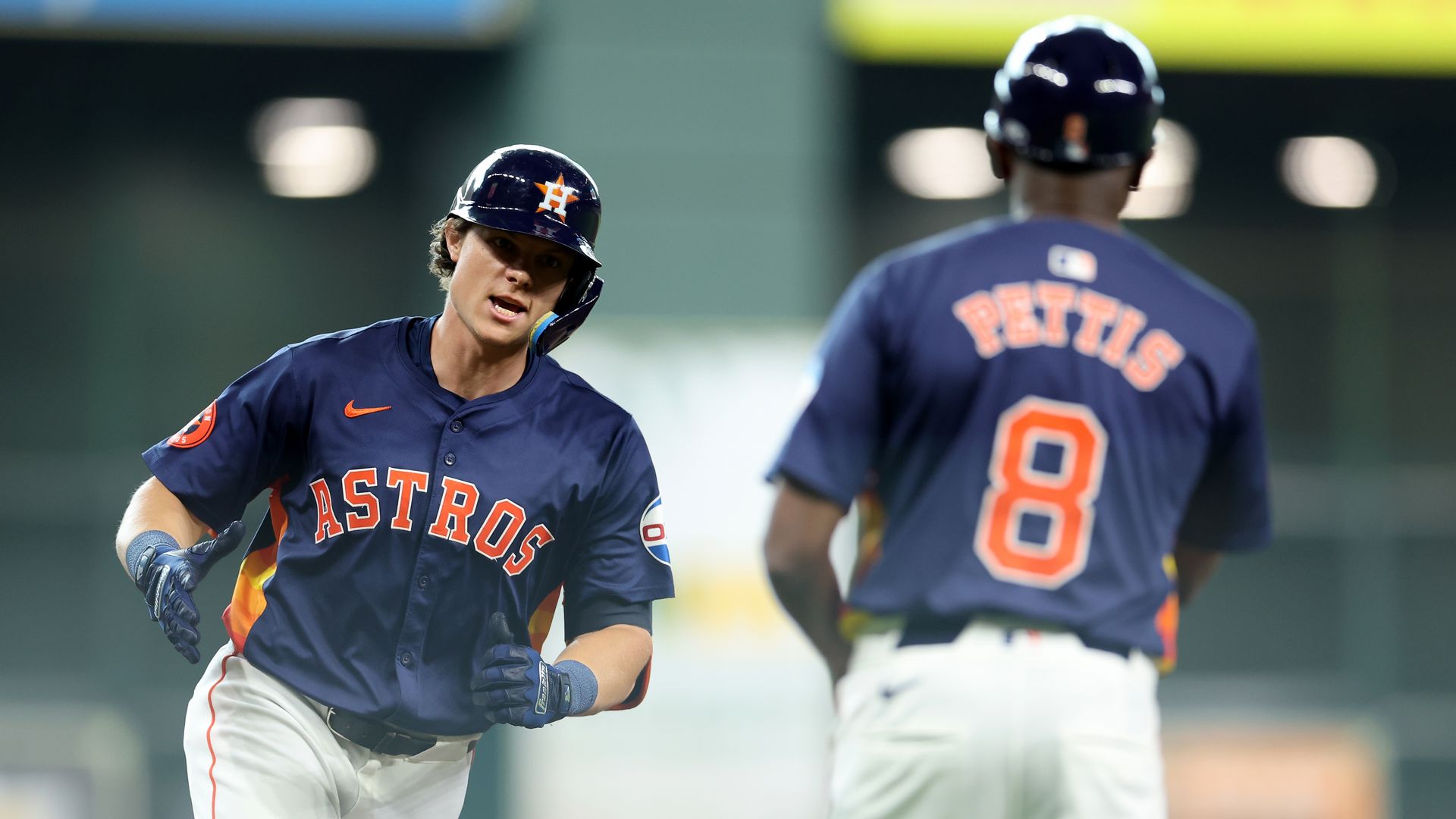 Jake Meyers rounds third base after hitting one off the left field foul poll yesterday against the Texas Rangers
