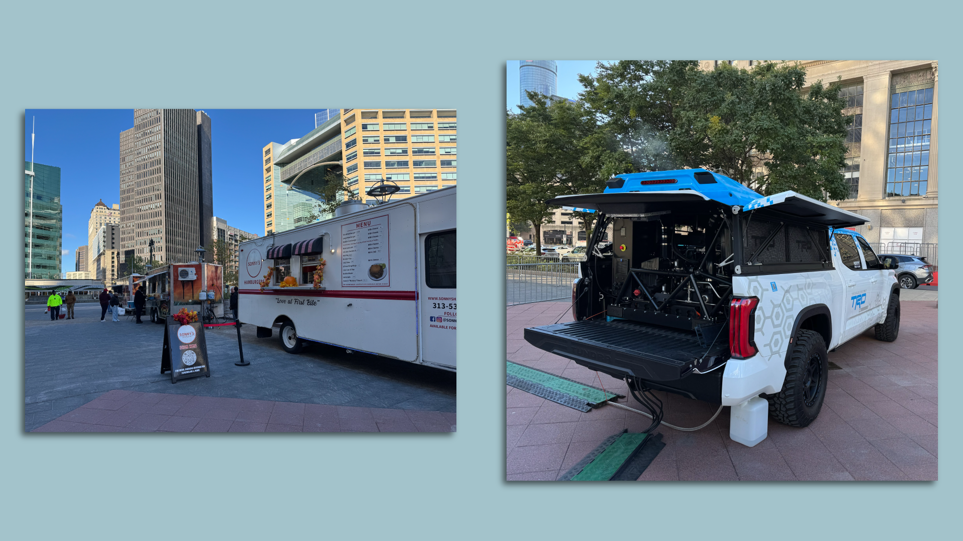 A view of food trucks and a second photo of a hydrogen fuel cell in the back of a pickup truck.