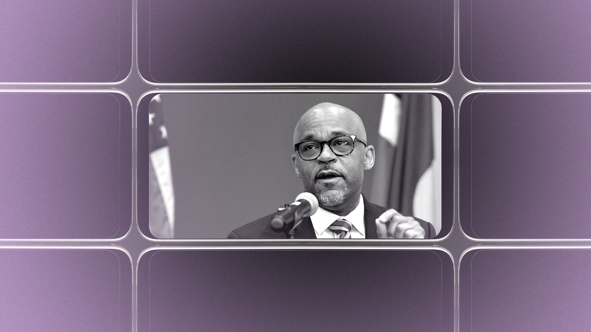 Photo illustration of a grid of smartphone screens, the center one showing an image of Denver Mayor Michael Hancock.