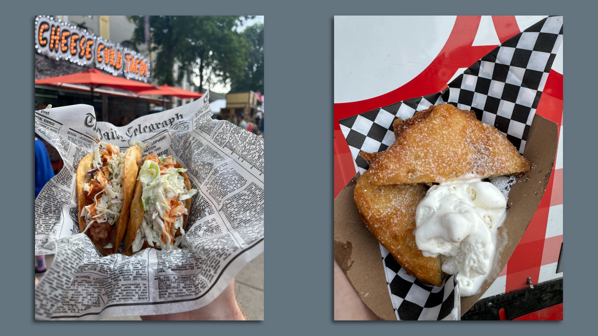 A photo of a cheese curd taco on the left and banana pie on the right 