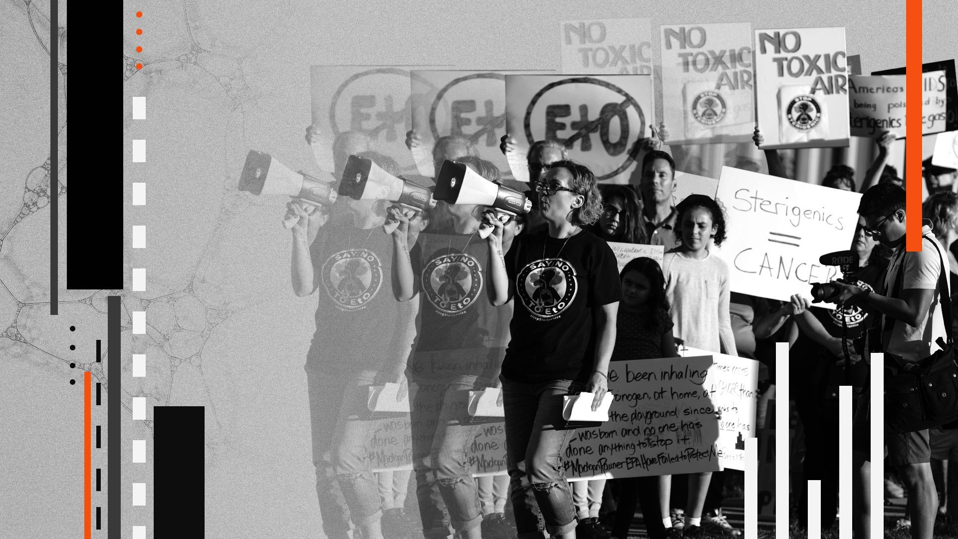 Photo illustration of people protesting against the use of ethylene oxide surrounded by abstract shapes.