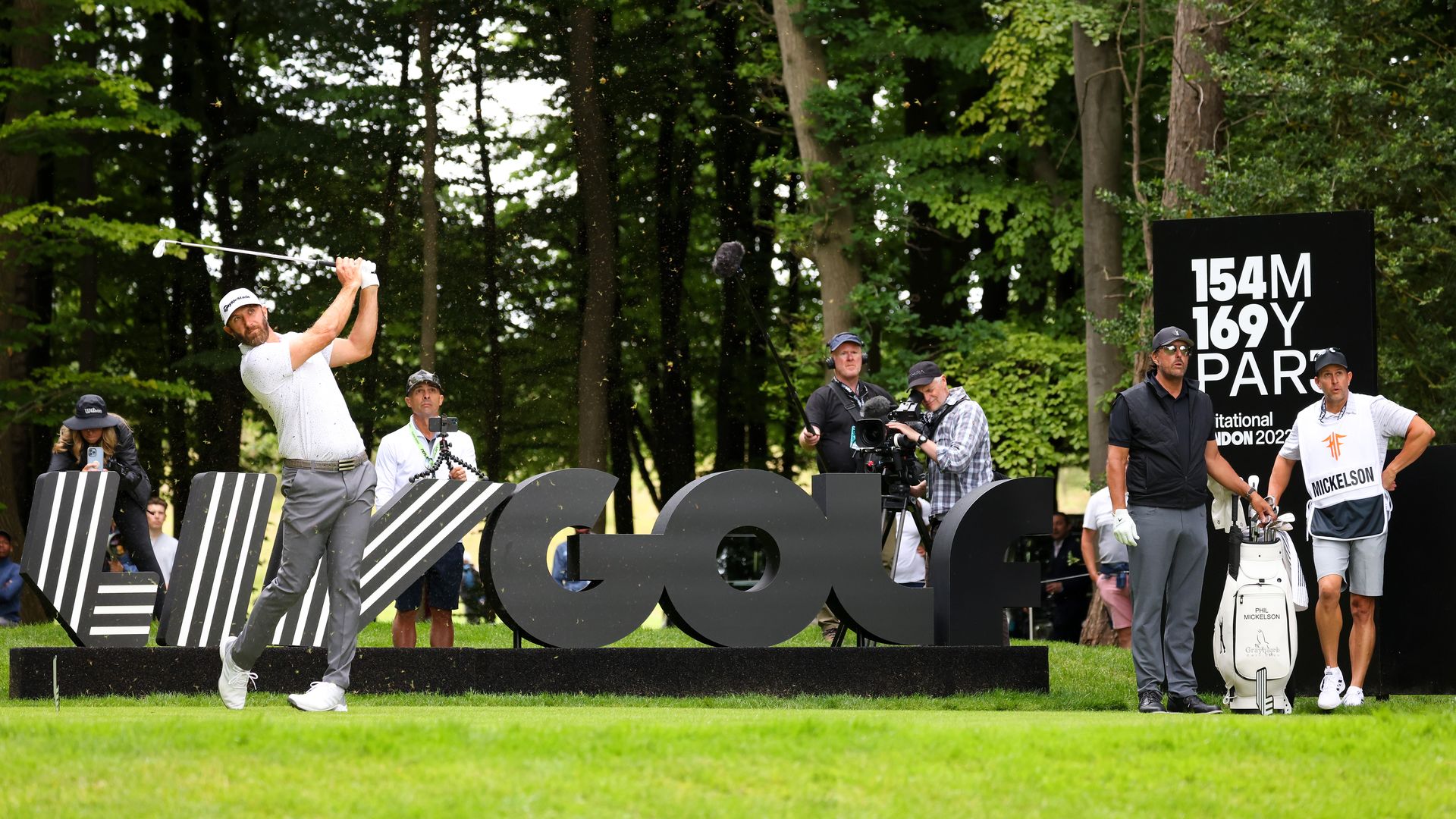 Dustin Johnson teeing off at the LIV Golf event on Thursday. 