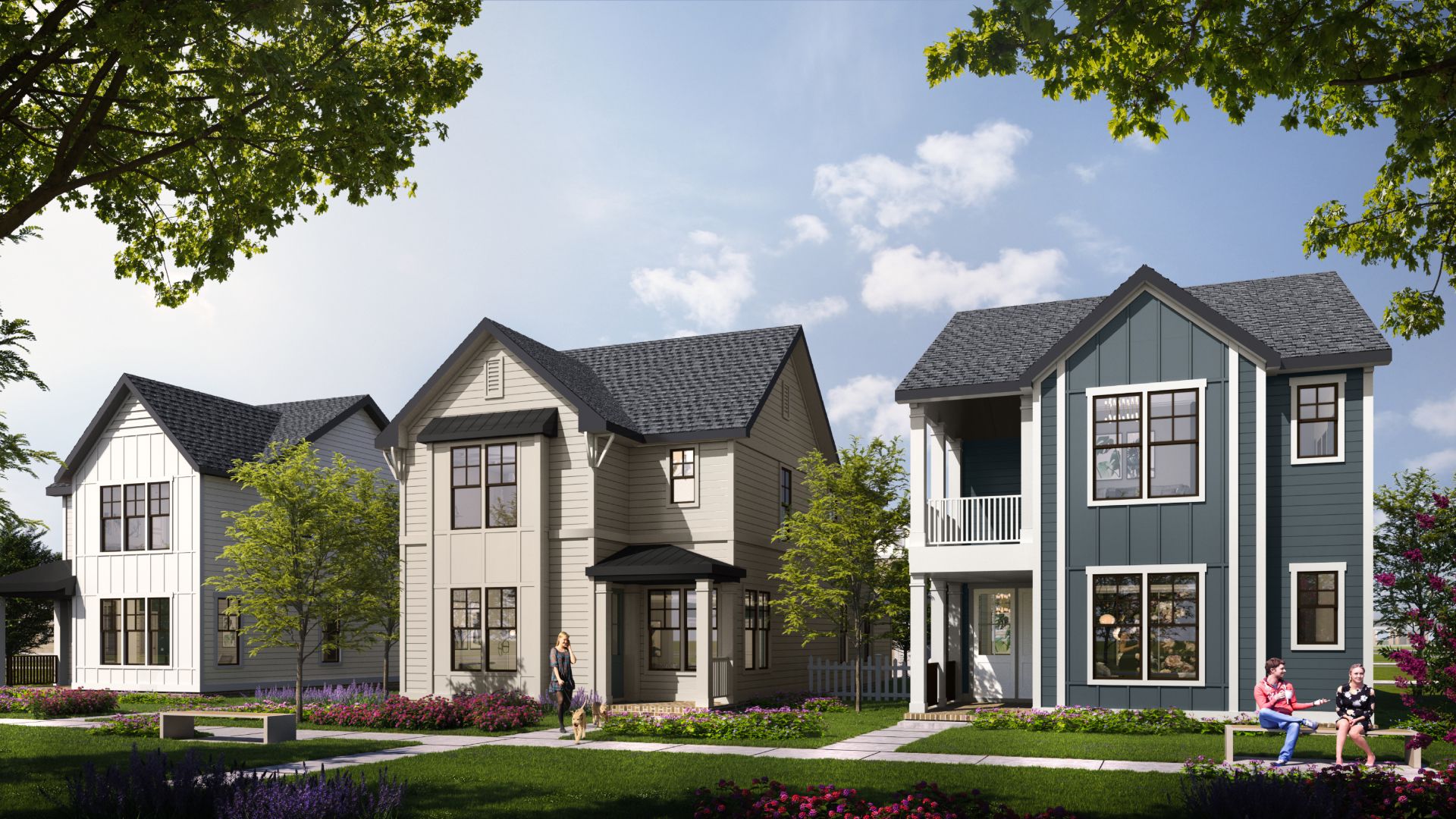A row of modern two-story houses with varied siding colors (gray and blue) under a bright blue sky. Front yards with trees and flowers; a dog walks near the sidewalk while people sit on a bench.