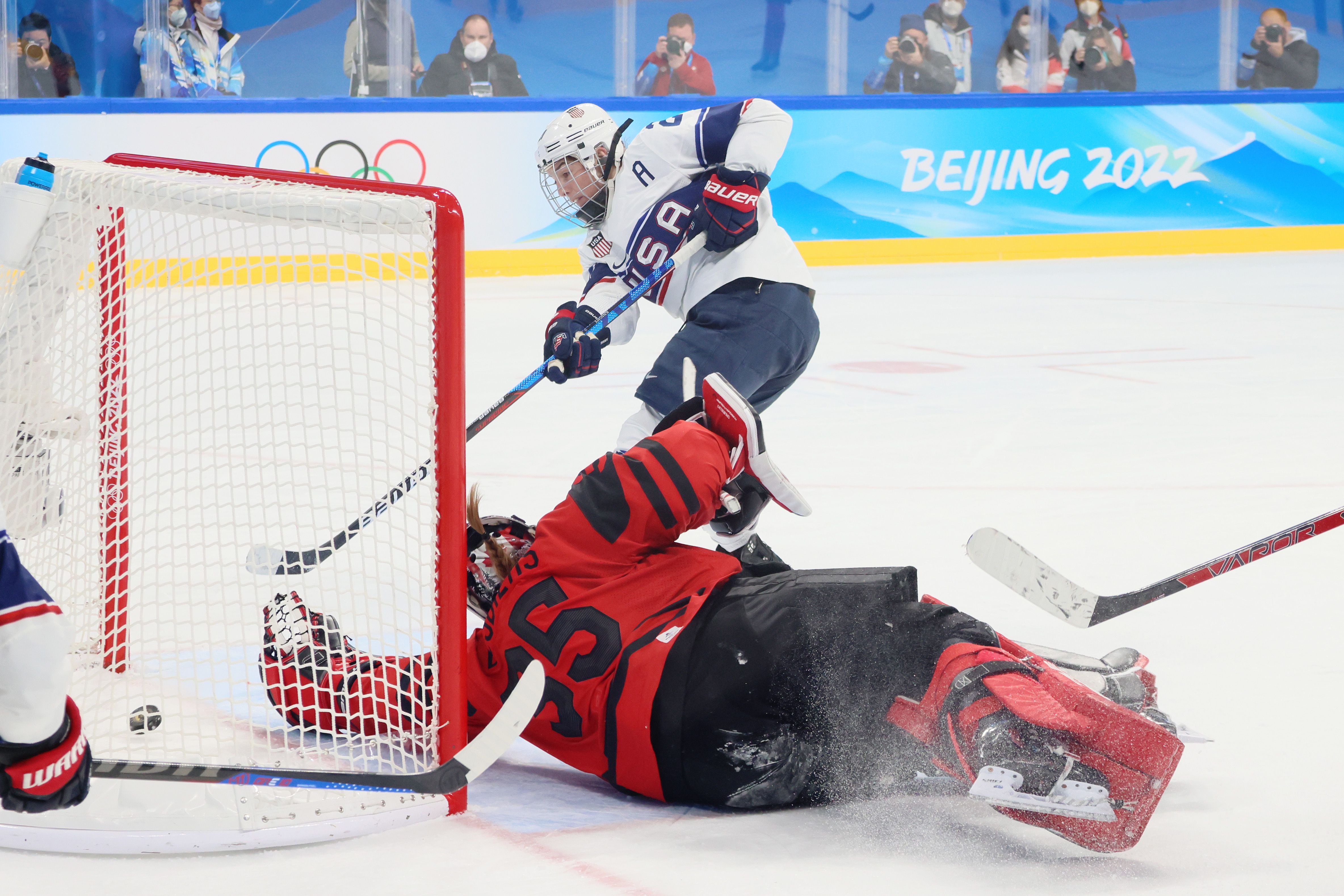  Hilary Knight, #21 of Team USA scores against Canada during the women's ice hockey gold medal match on Day 13 of the 2022 Winter Olympic Games in Beijing, China, on Thursday. 