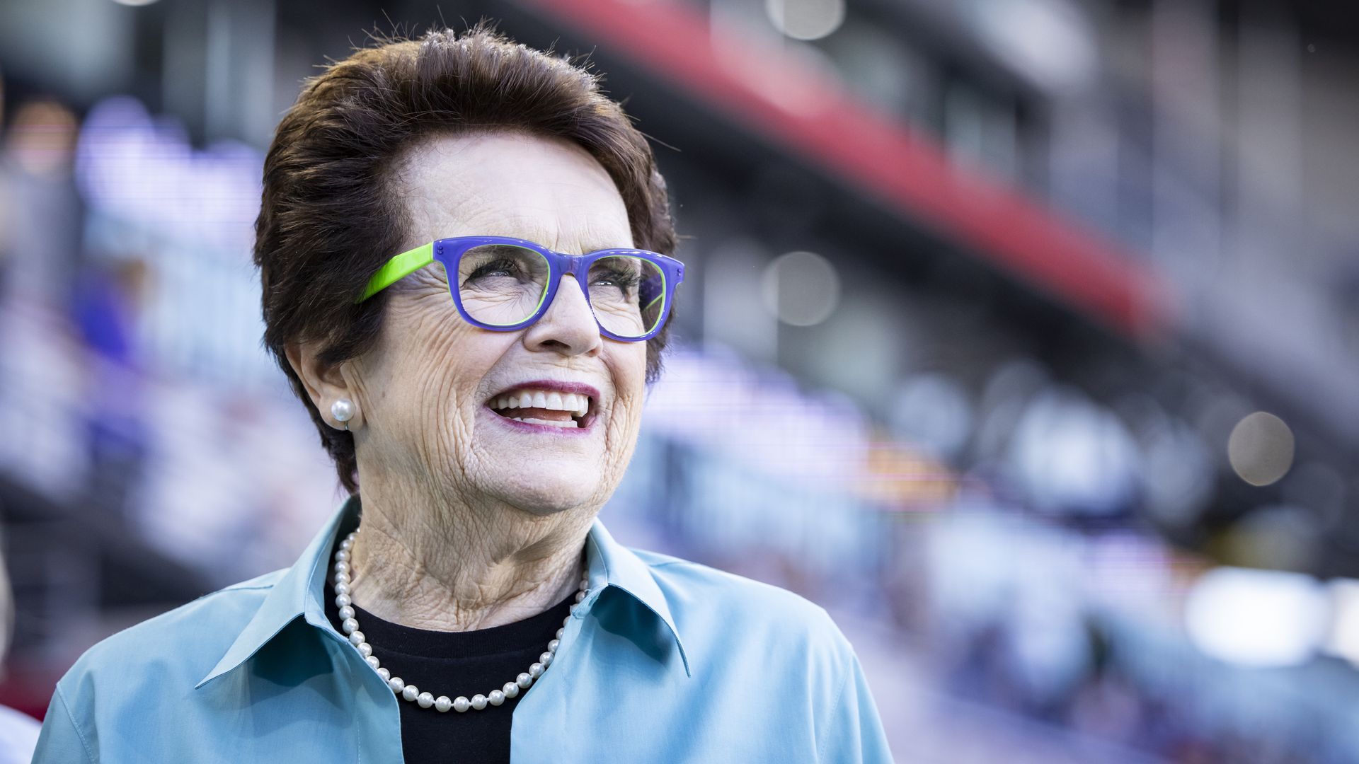 Billie Jean King before the International Friendly match between Chelsea FC and NJ/NY Gotham FC at Red Bull Arena on August 19, 2024 in Harrison, New Jersey. (Photo by Ira L. Black - Corbis/Getty Images)