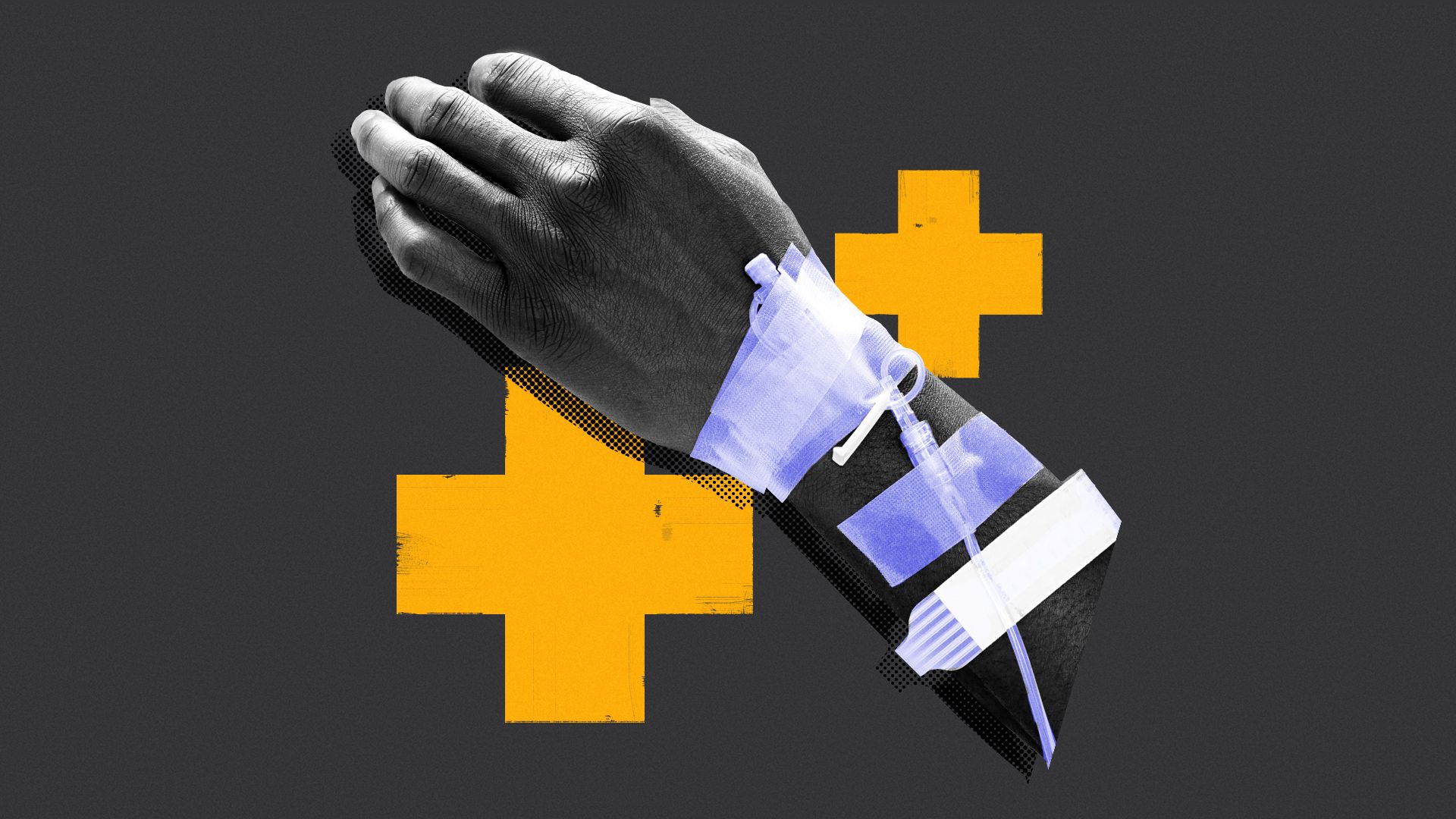 Illustration of a hand with an I.V. with yellow crosses around it