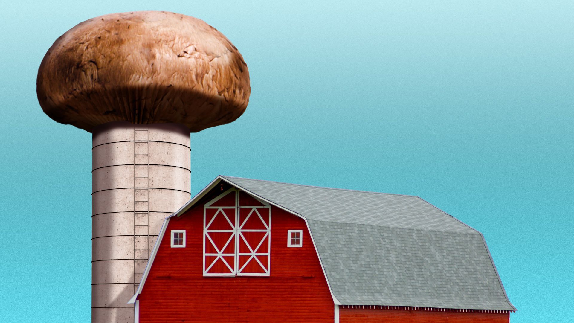 Illustration of a barn and a silo with a mushroom top