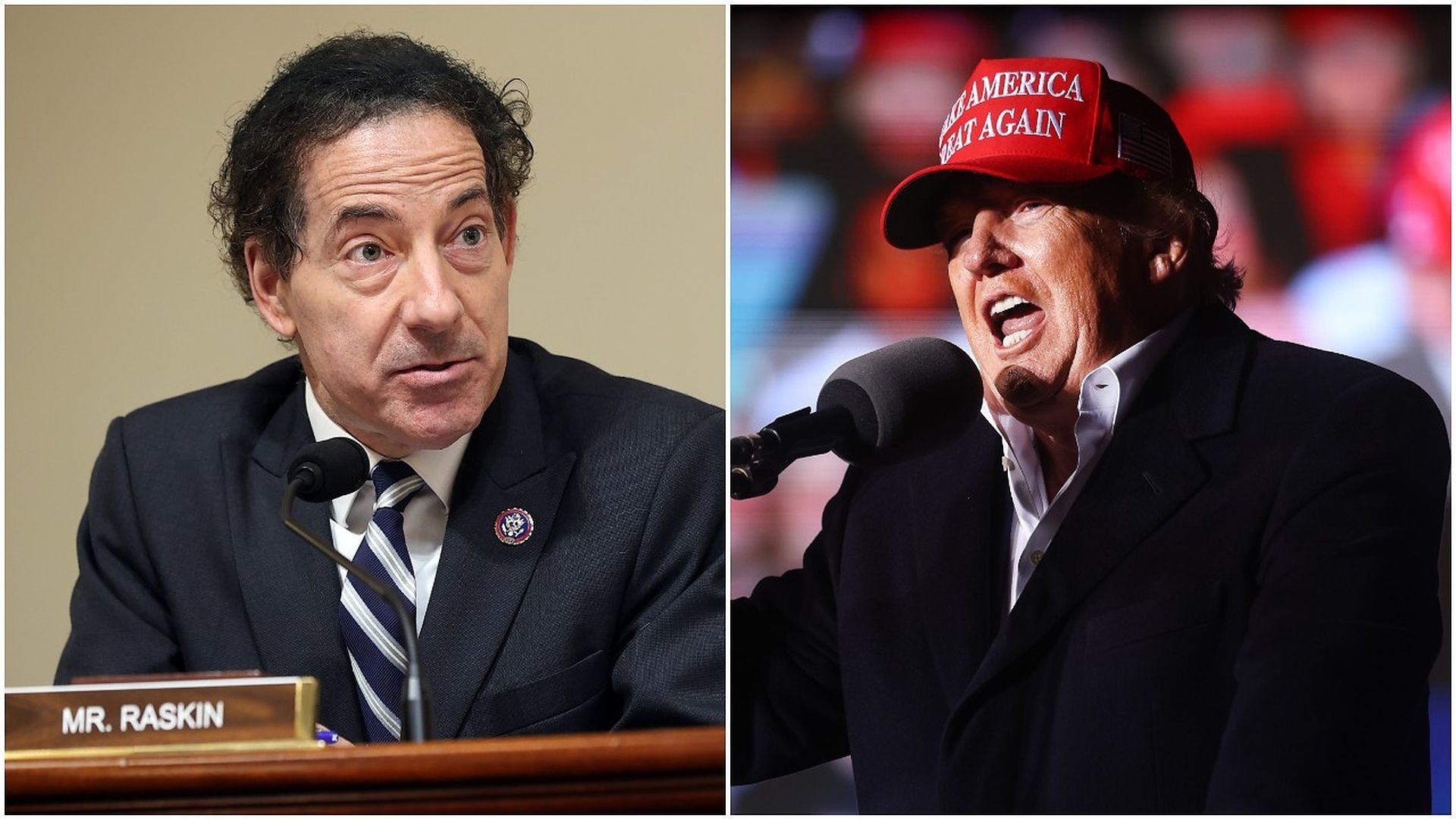 Combination images of Rep. Jamie Raskin and former President Trump.