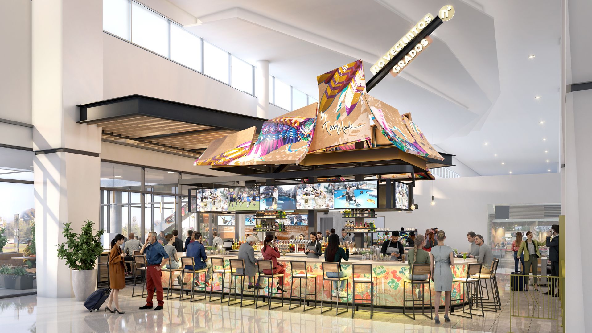 Modern airport bar with colorful illuminated counter and overhead screens showing sports. People sit and stand around the bar, large windows and high ceiling with bright lighting.