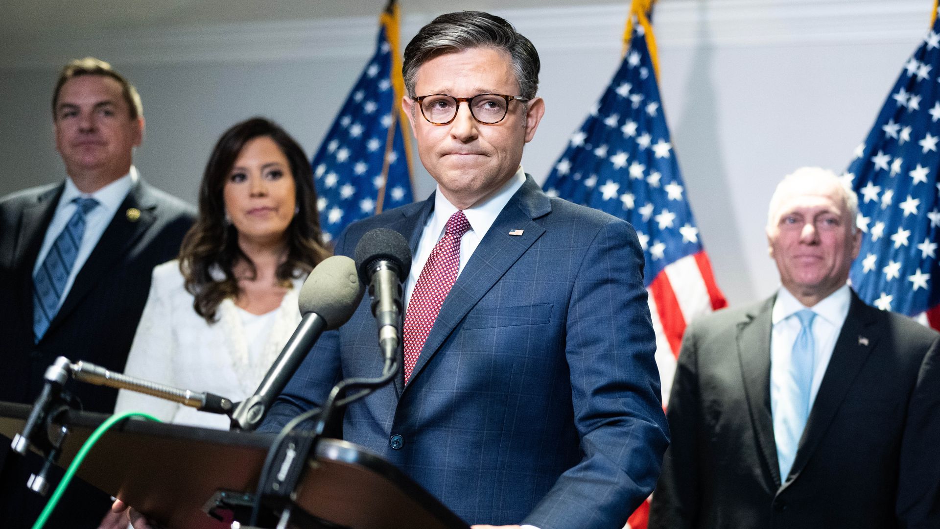 Representative Richard Hudson, a Republican from North Carolina, from left, Representative Elise Stefanik, a Republican from New York, US House Speaker Mike Johnson, a Republican from Louisiana, and Representative Steve Scalise, a Republican from Louisiana, during a news conference in Washington, DC