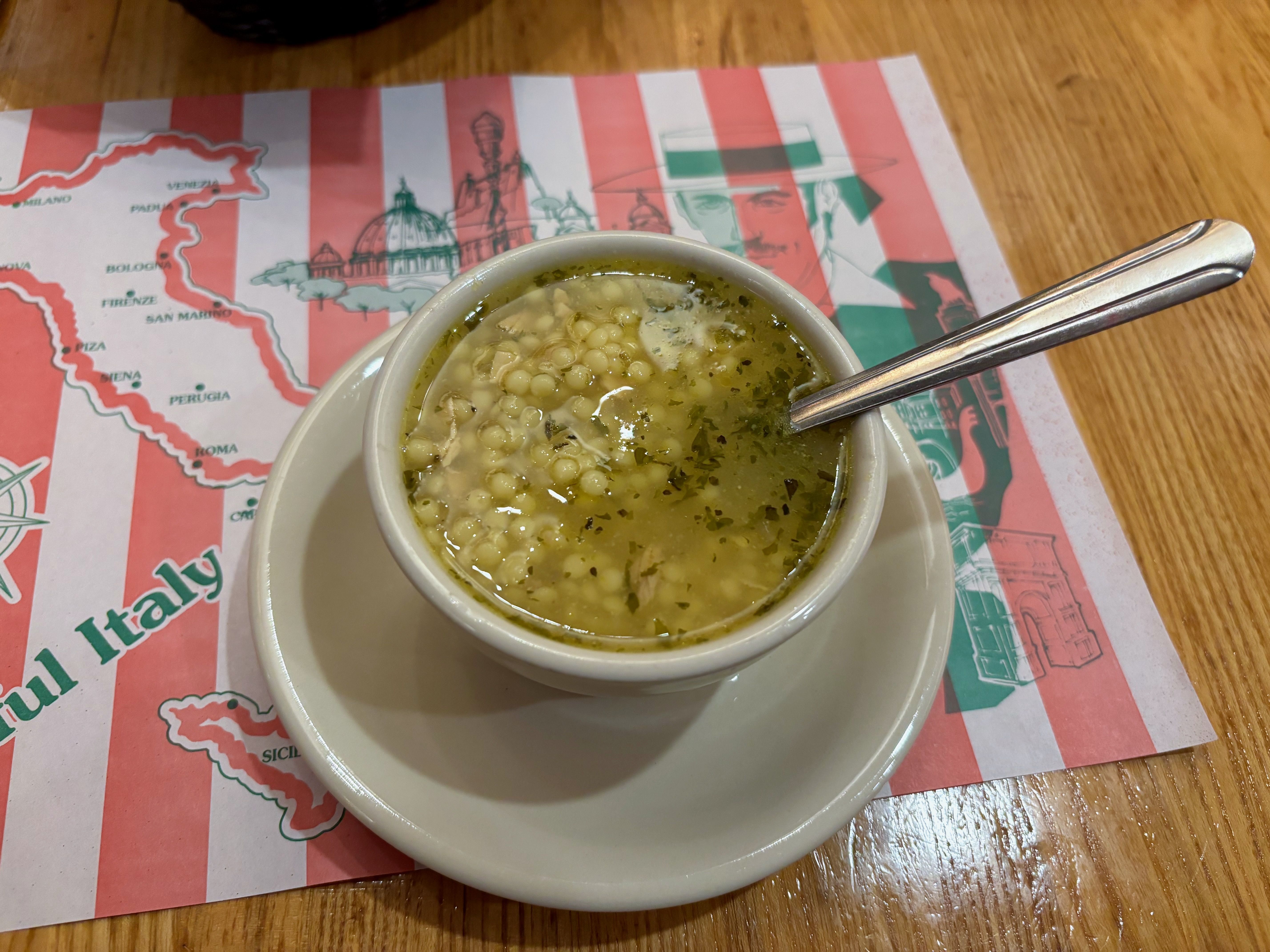A cup of Italian wedding soup at Villa Nova Ristorante