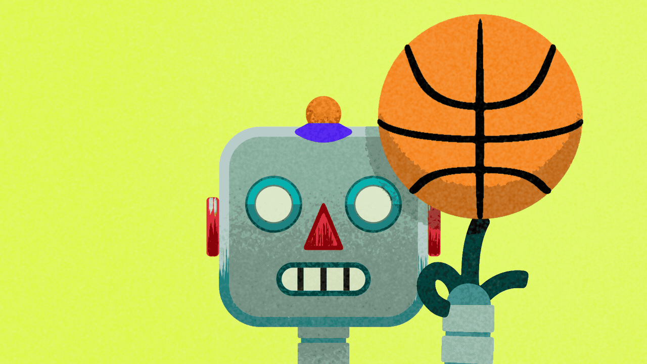 Animated illustration of a robot spinning a basketball on its finger.