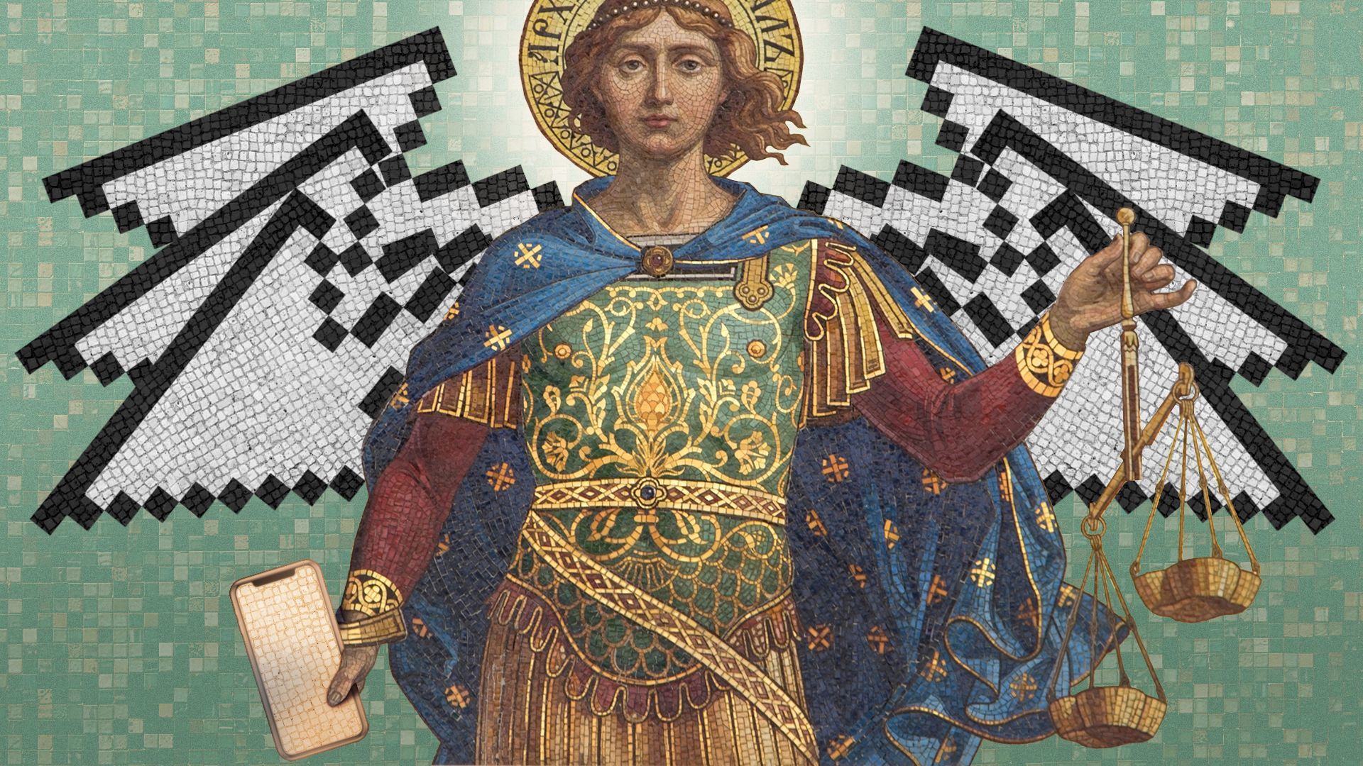 Illustration of an archangel mosaic holding a cell phone and scales, with cursors for wings 