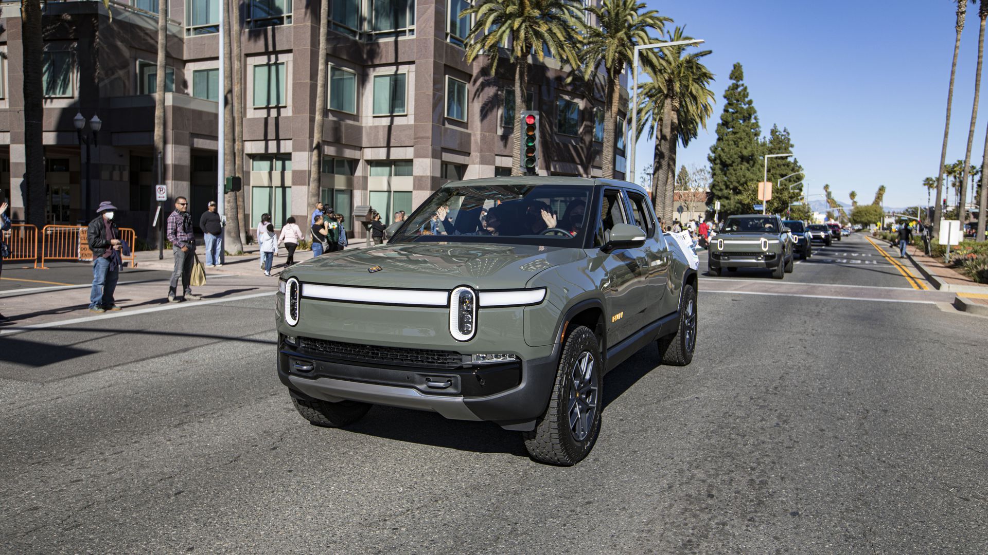 A Rivian EV on a street