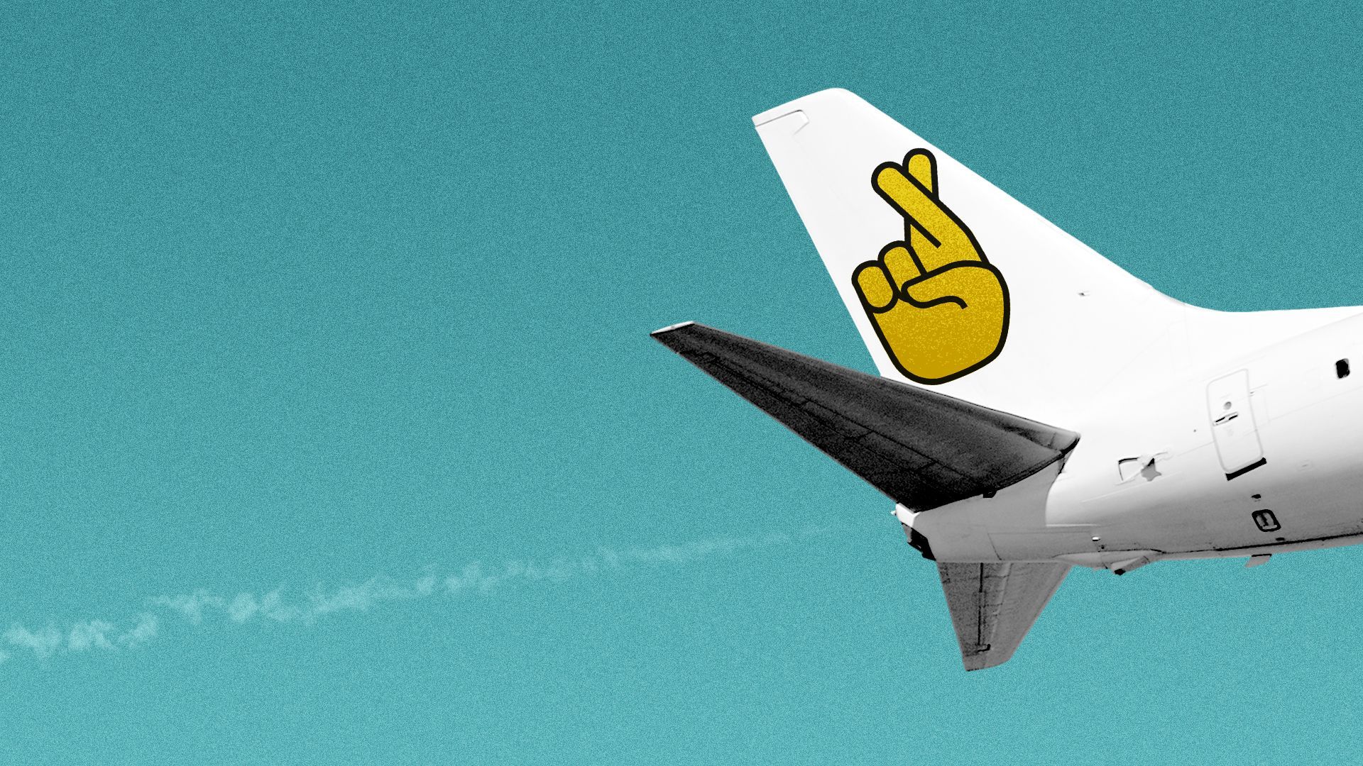 Illustration of a flying airplane with a fingers crossed emoji on the tail.