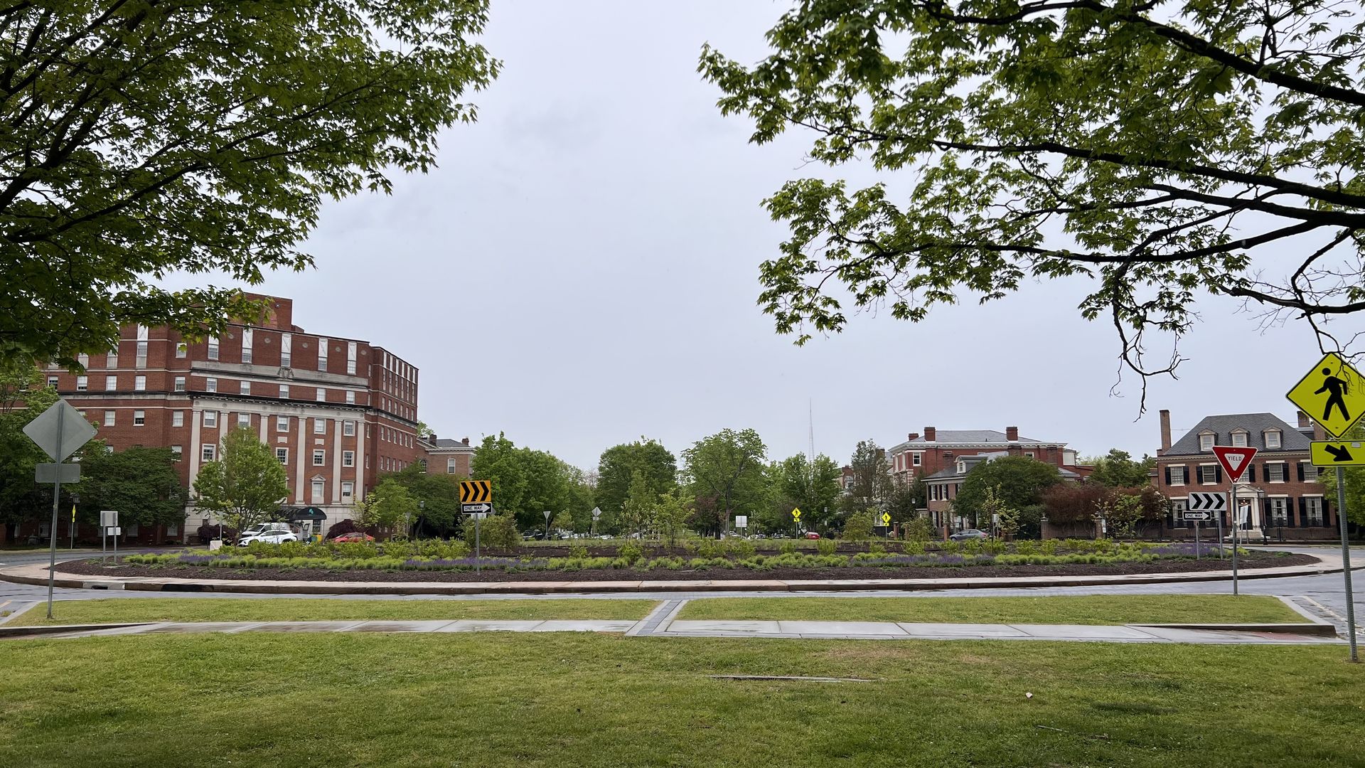 A picture of the Lee Circle roundabout with plants with the Lee Medical Building in the left background and Monument Avenue houses on the right.