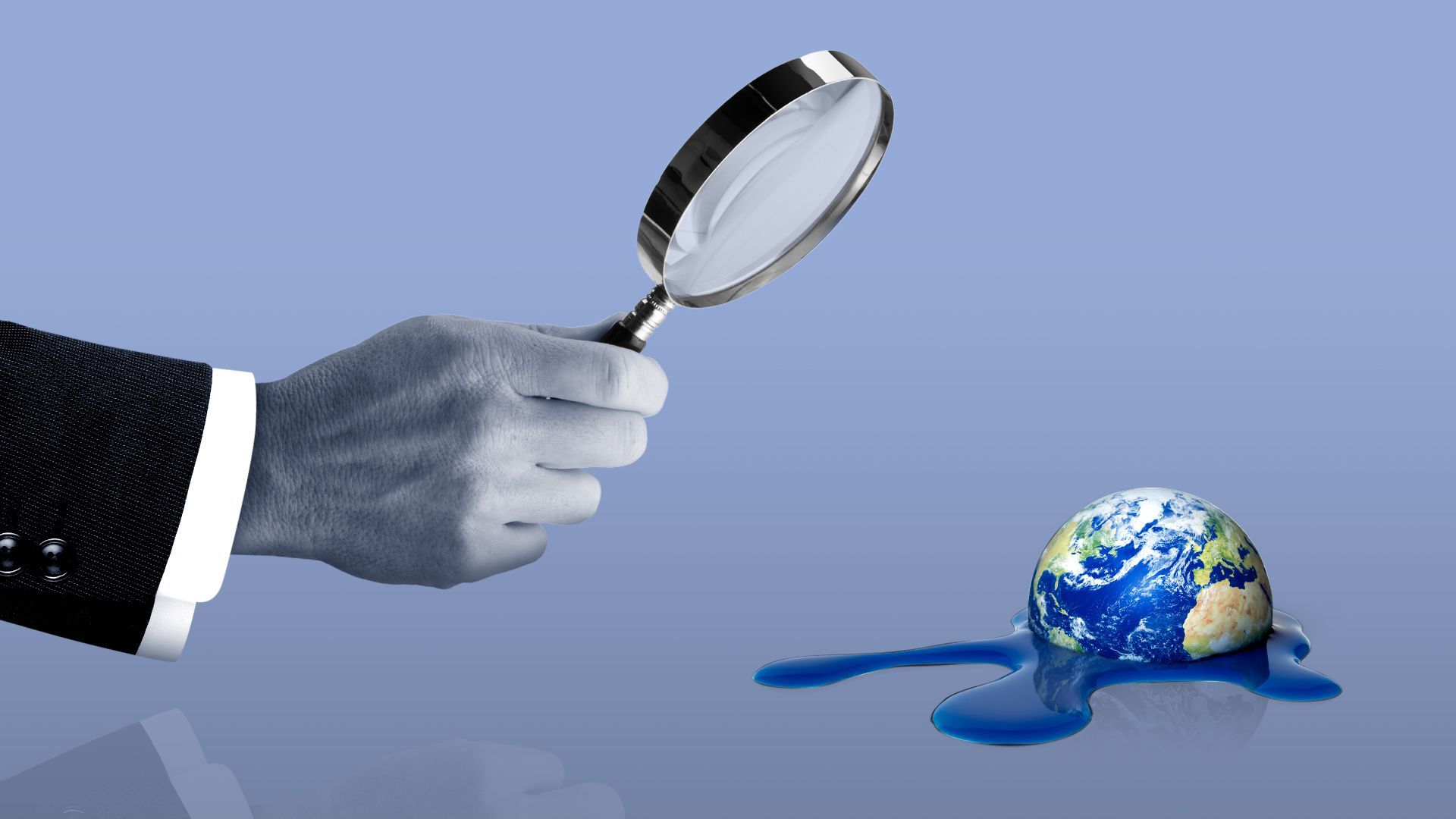 Illustration of a hand holding a magnifying glass over a melting Earth.   