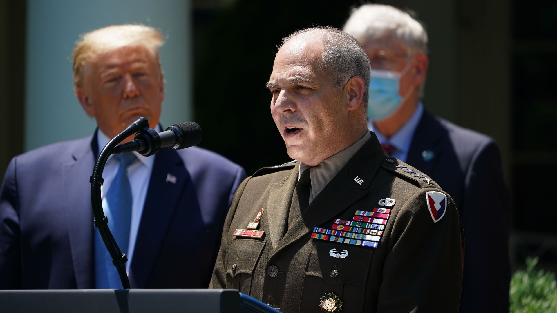 Commander of US Army Material Command Gen. Gustave Perna speaking in the White House in May 2020.