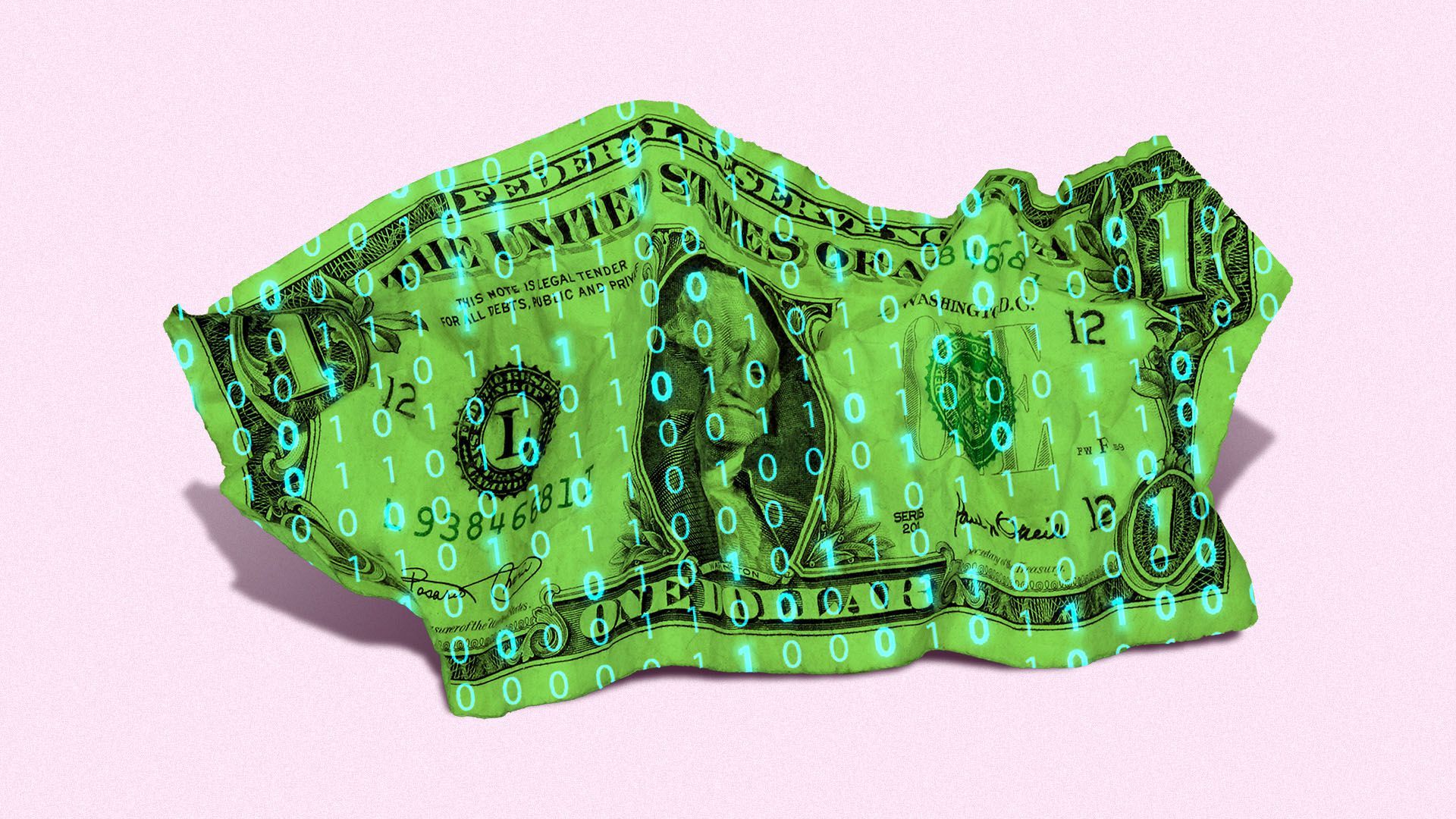 Illustration of a crumpled dollar bill with binary code over it