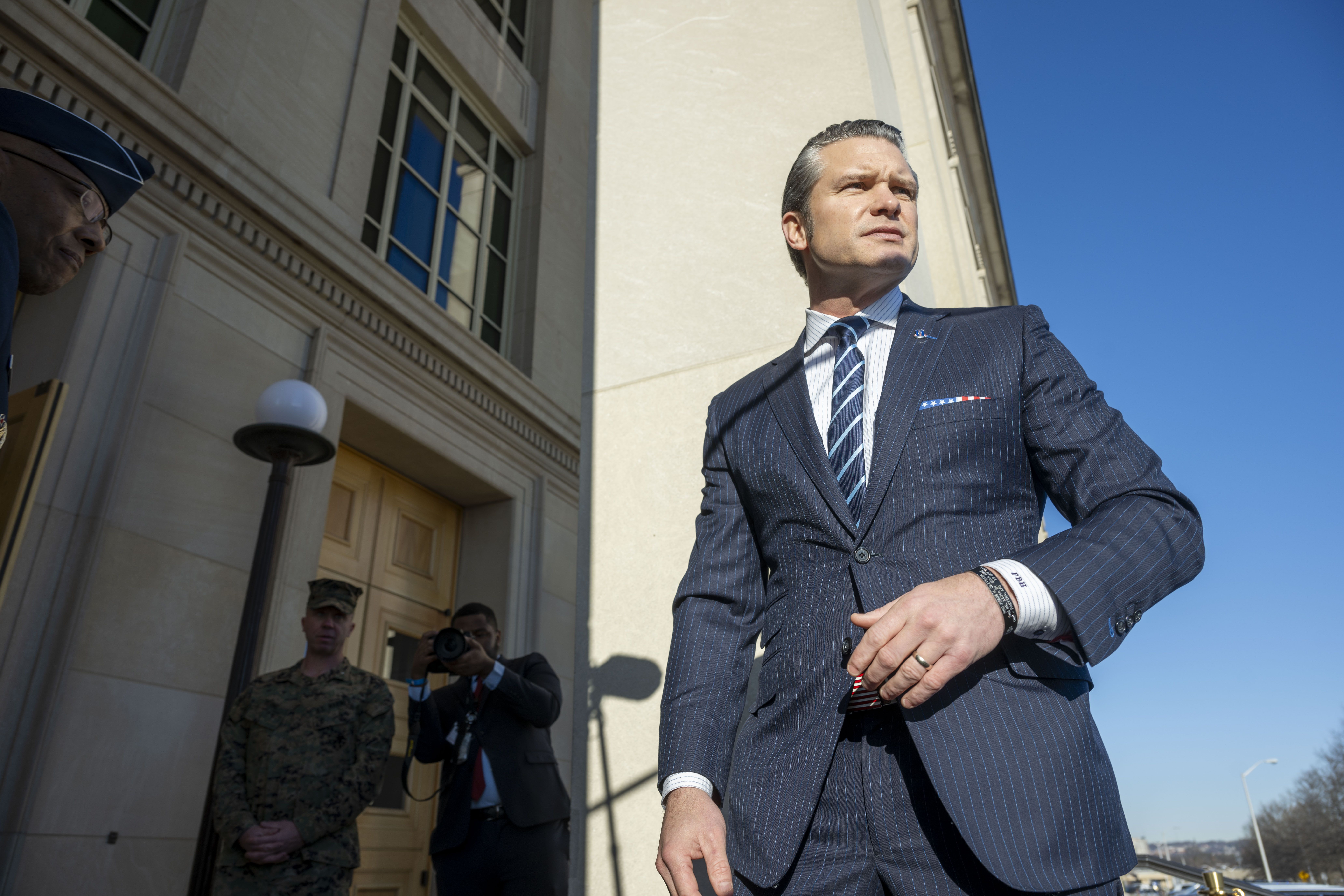 Defense Secretary Pete Hegseth arrives at the Pentagon today. Photo: Kevin Wolf/AP