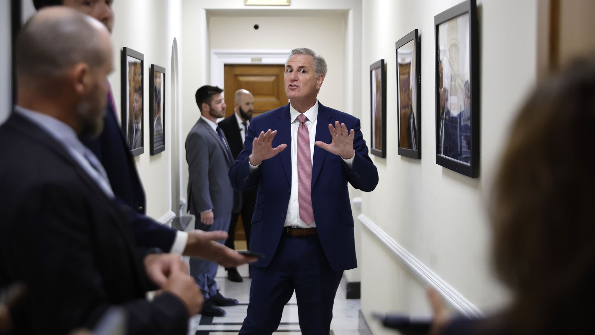 House Minority Leader Kevin McCarthy talking to reporters outside his office