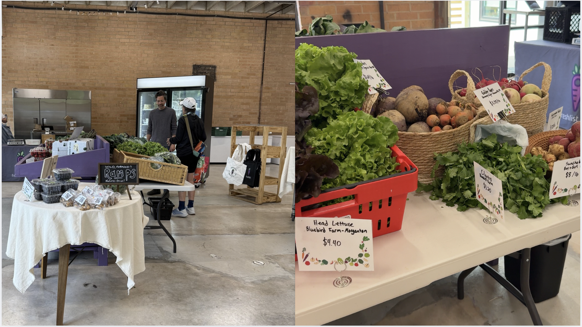 Split image of an indoor market: left shows a table with greens and two shoppers by a fridge; right shows baskets of potatoes, onions, lettuce, and other produce with price tags.