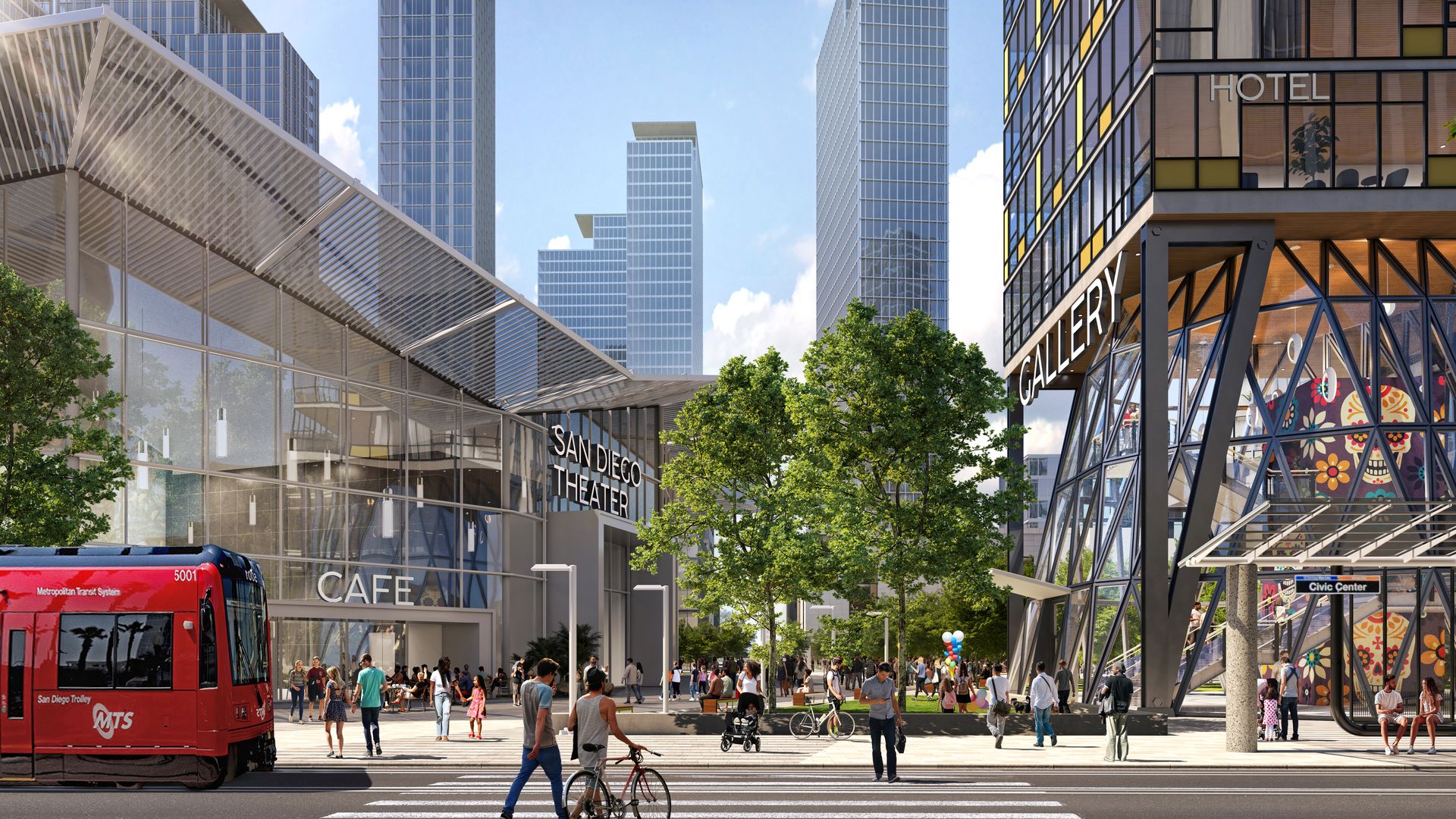 A rendering of a public plaza and thater with a trolley running by it