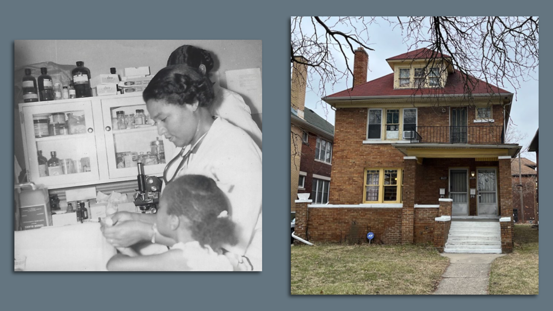 A split frame of a doctor on the left and a historic house on the right