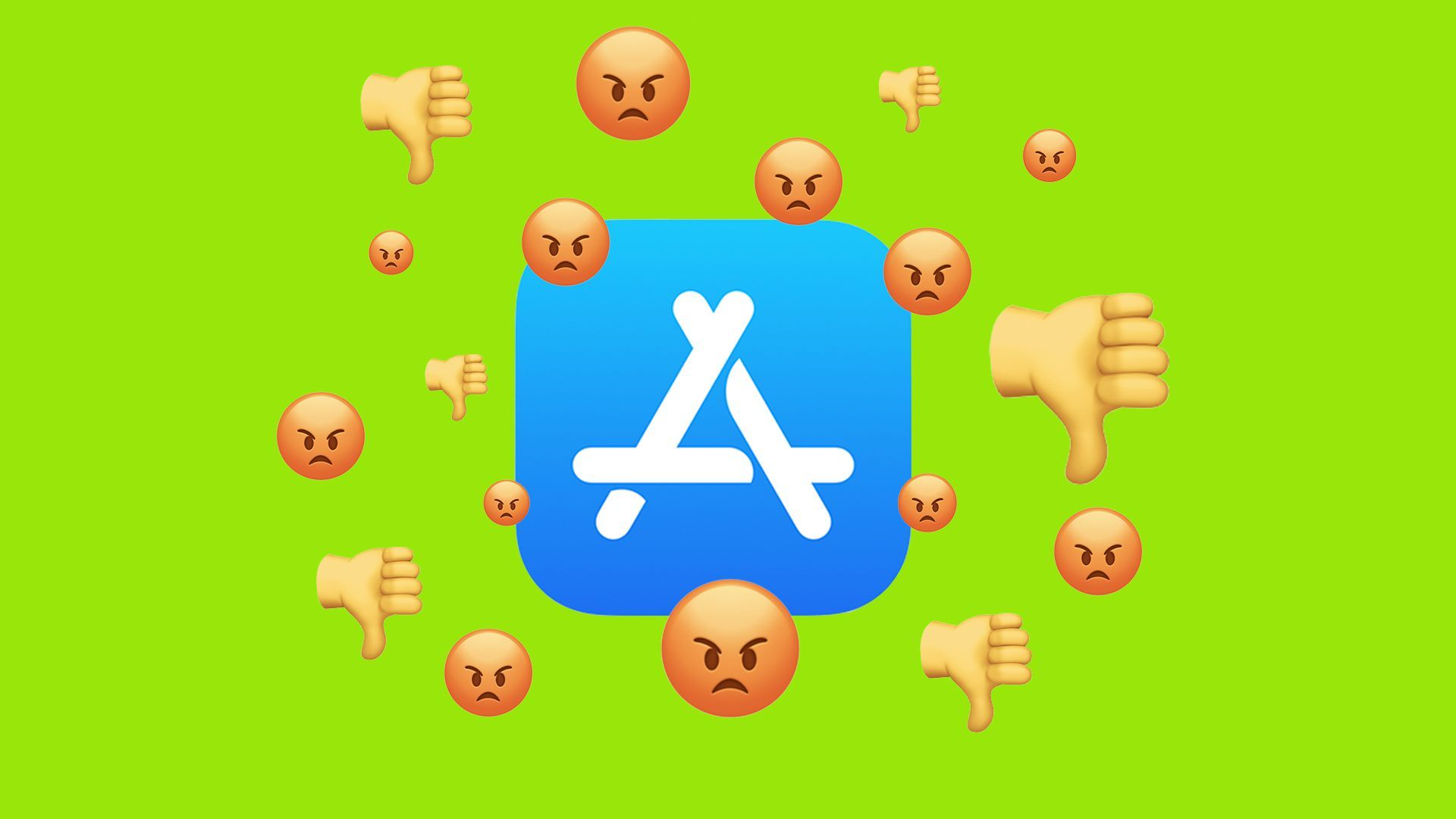 Illustration of the App Store logo surrounded by angry face emojis and thumbs down emojis. 